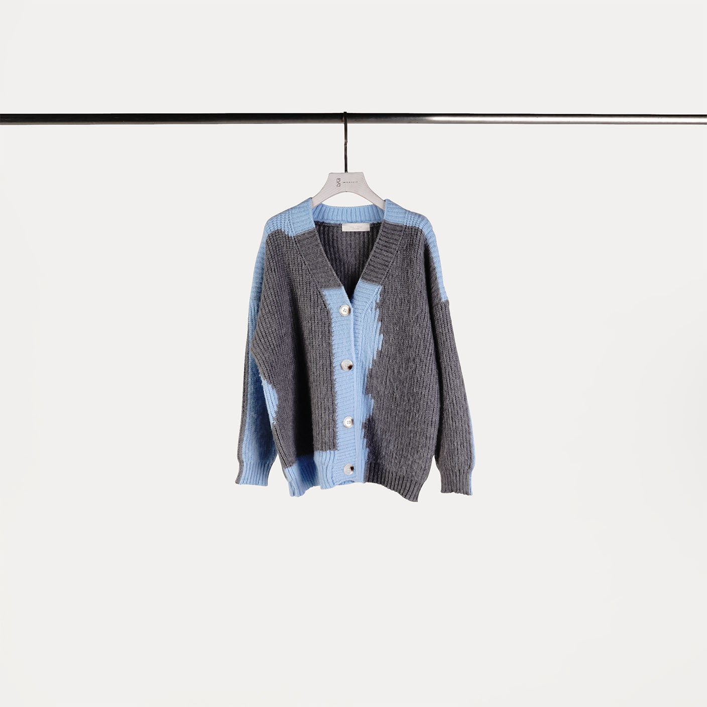 不規則撞色針織外套 | 灰+藍