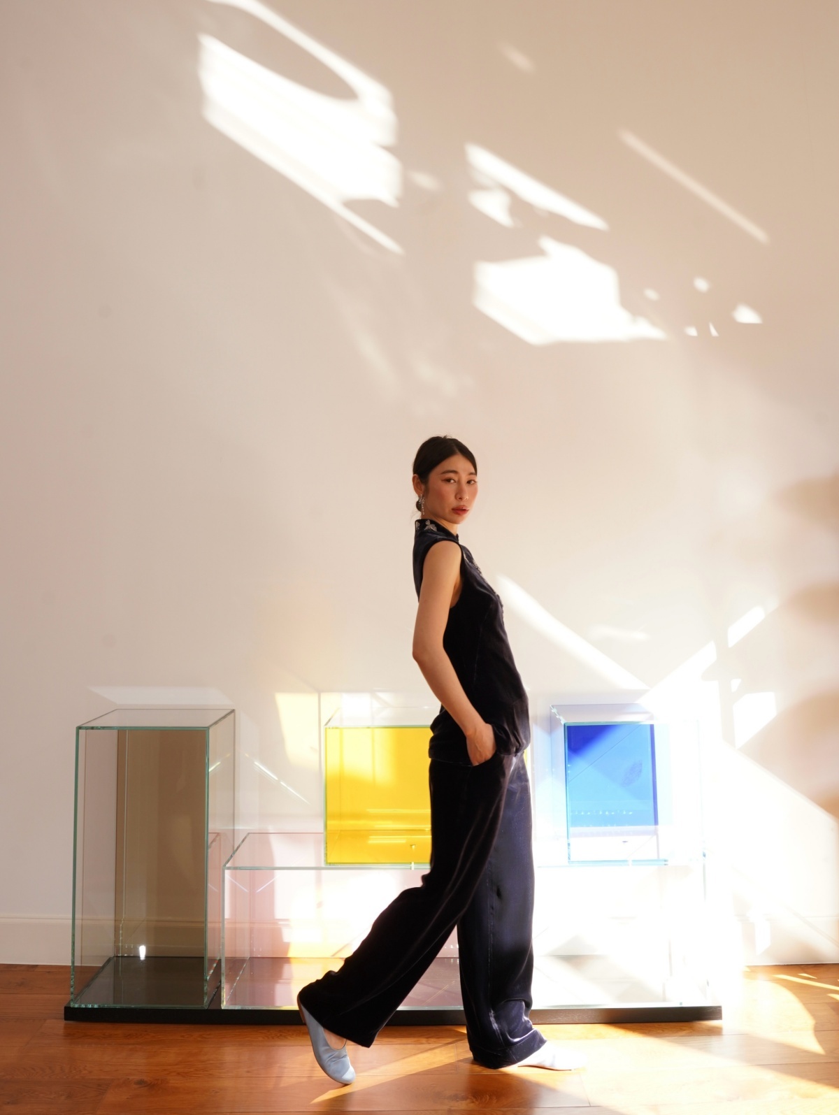 HANAA 新年季藏青色絲絨新中式全桑蠶絲里布直筒中低腰休閒褲