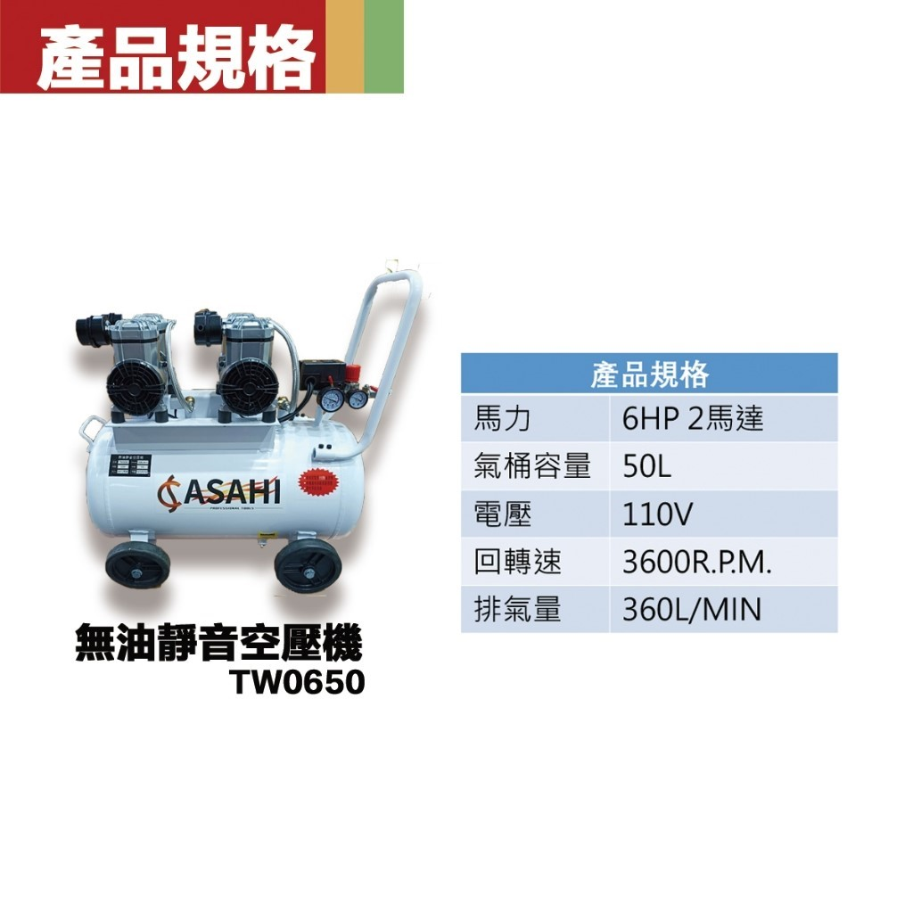 附發票｜TW0650無油靜音空壓機 快速型｜ 6HP50L靜音免保養 無油式 雙馬達 4排氣 4輪 風皇
