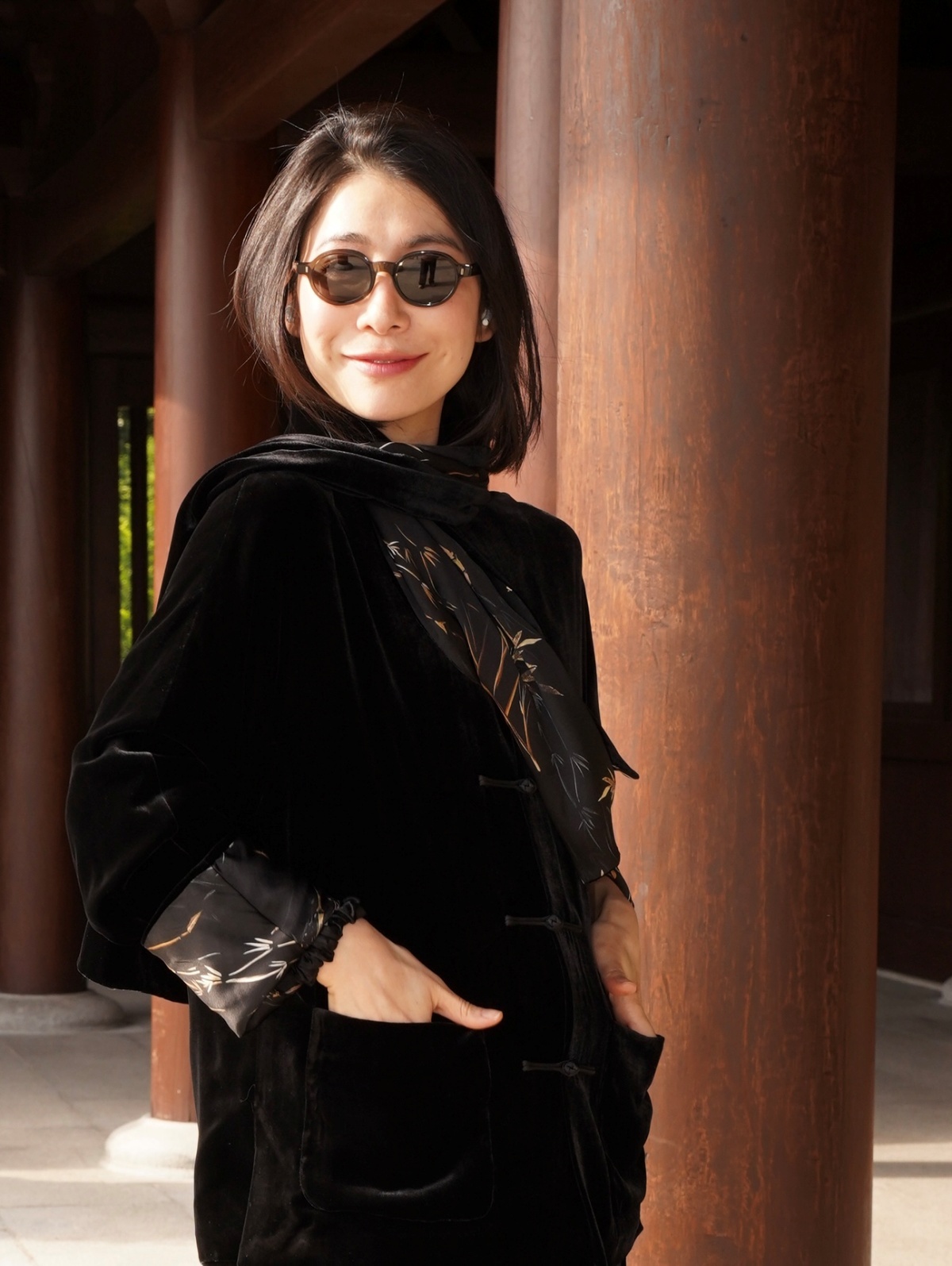 HANAA 新年季黑色絲絨新中式全桑蠶金竹紋里布圍脖 (150x28.5cm)