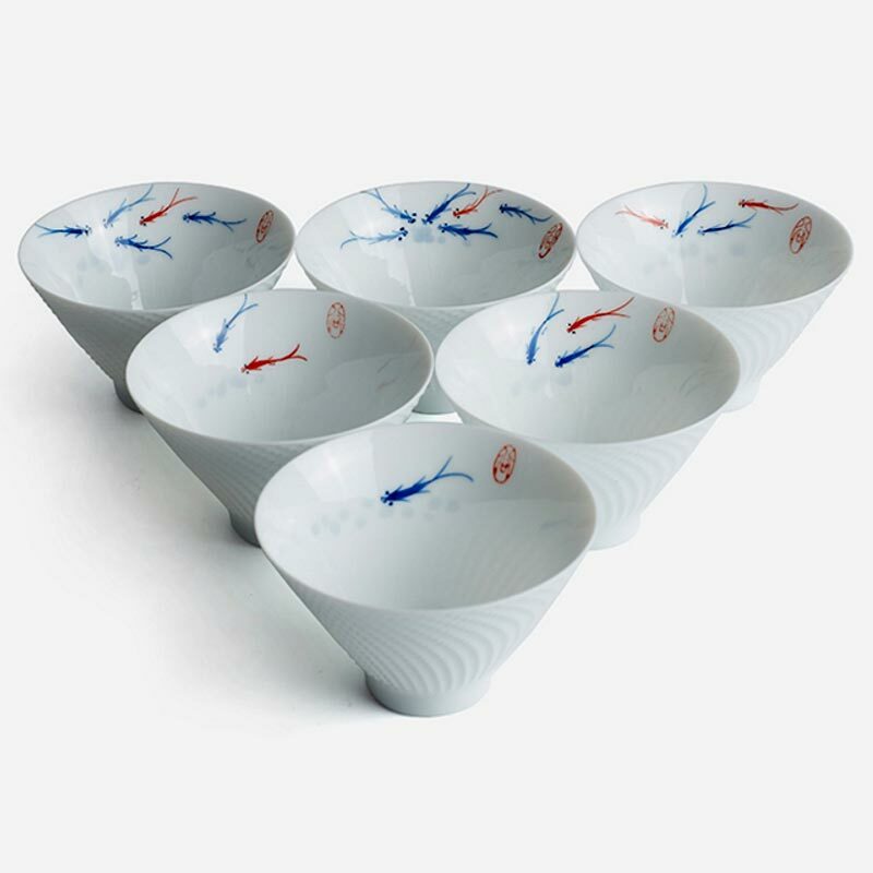 手繪游魚響杯 薄胎斗笠杯6入裝 吉祥祥杯 茶席收藏佳品