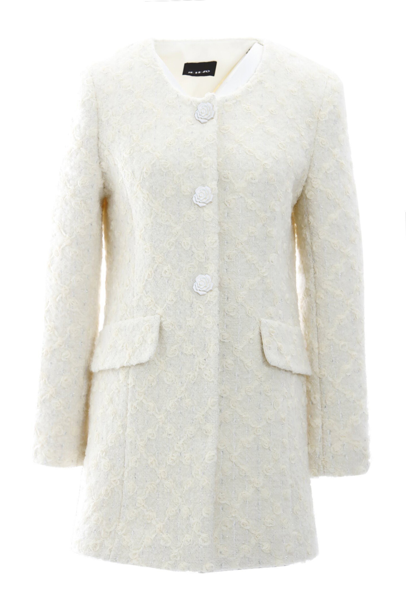 BD15069D1 法式白緞花織紋無領長版粗花呢外套