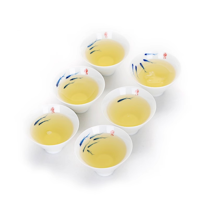 手繪游魚響杯 薄胎斗笠杯6入裝 吉祥祥杯 茶席收藏佳品