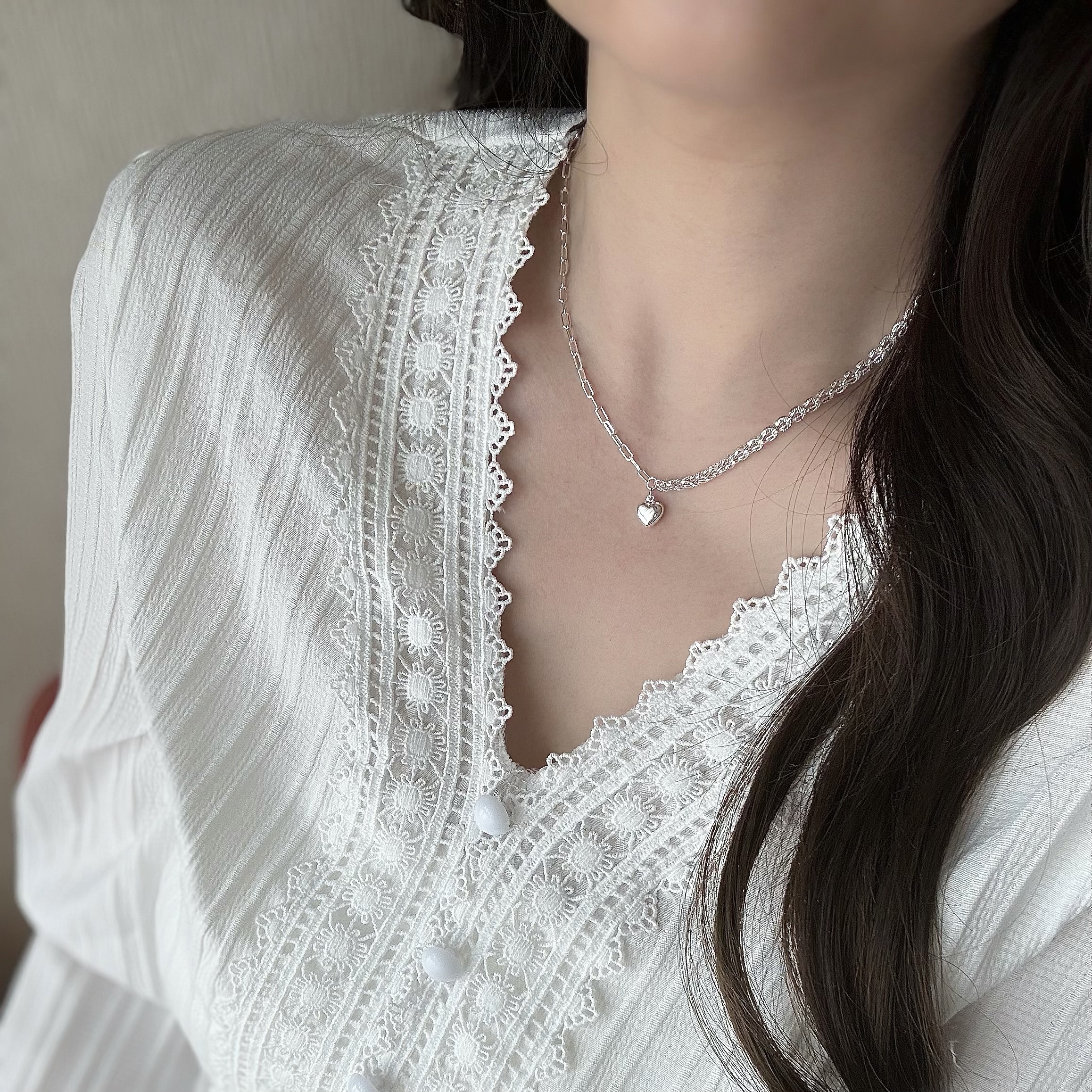 G58愛心拼接純銀鎖骨鏈