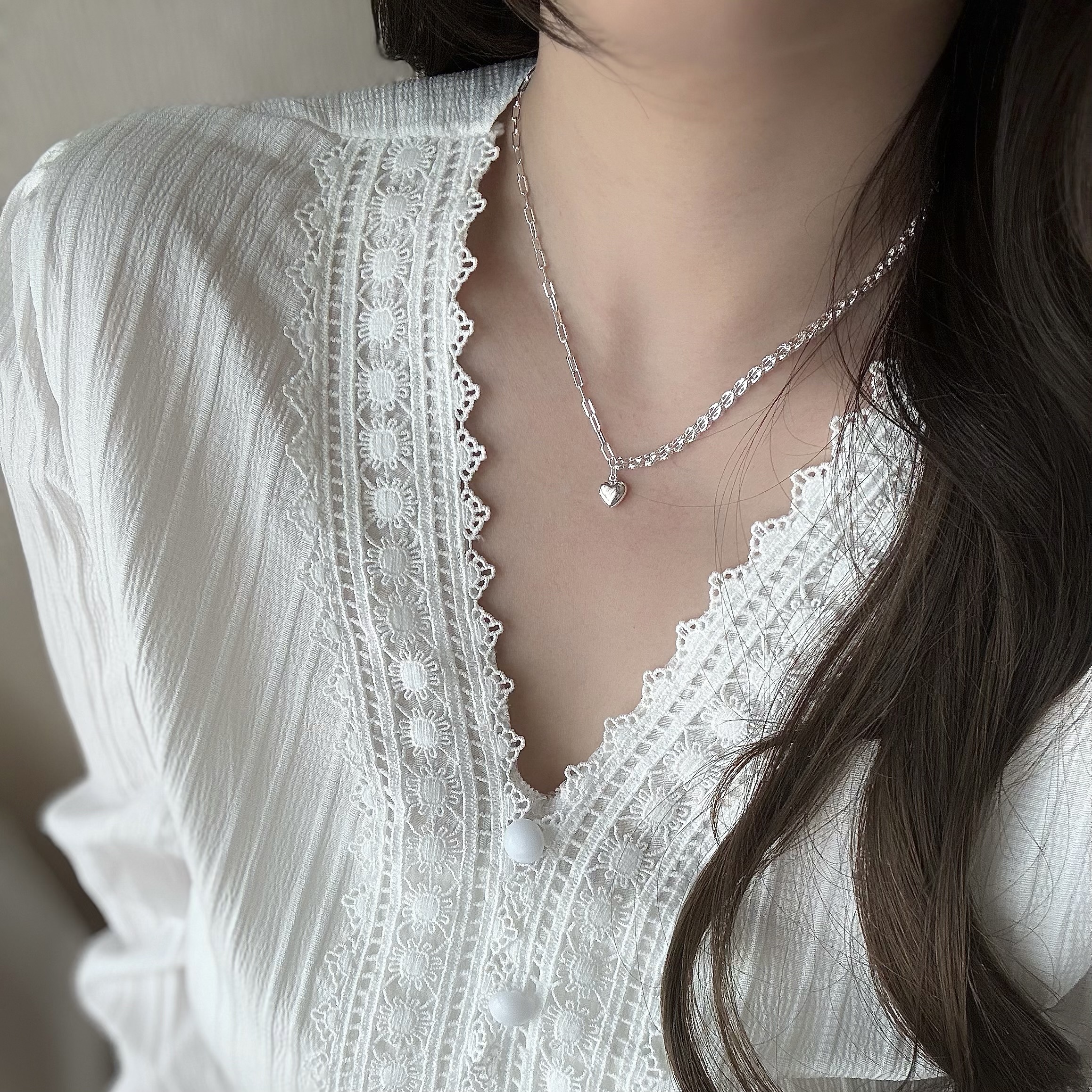 G58愛心拼接純銀鎖骨鏈