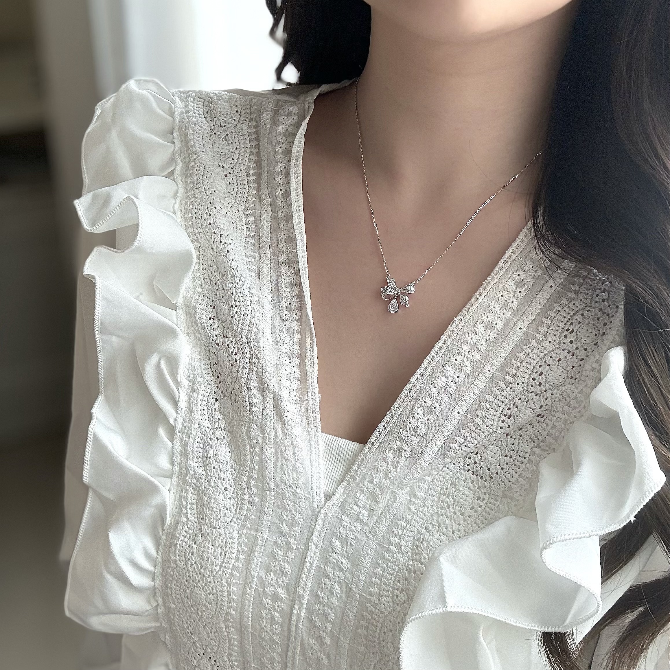 Q09【輕奢】鋯石蝴蝶結水滴鑽純銀鎖骨鏈