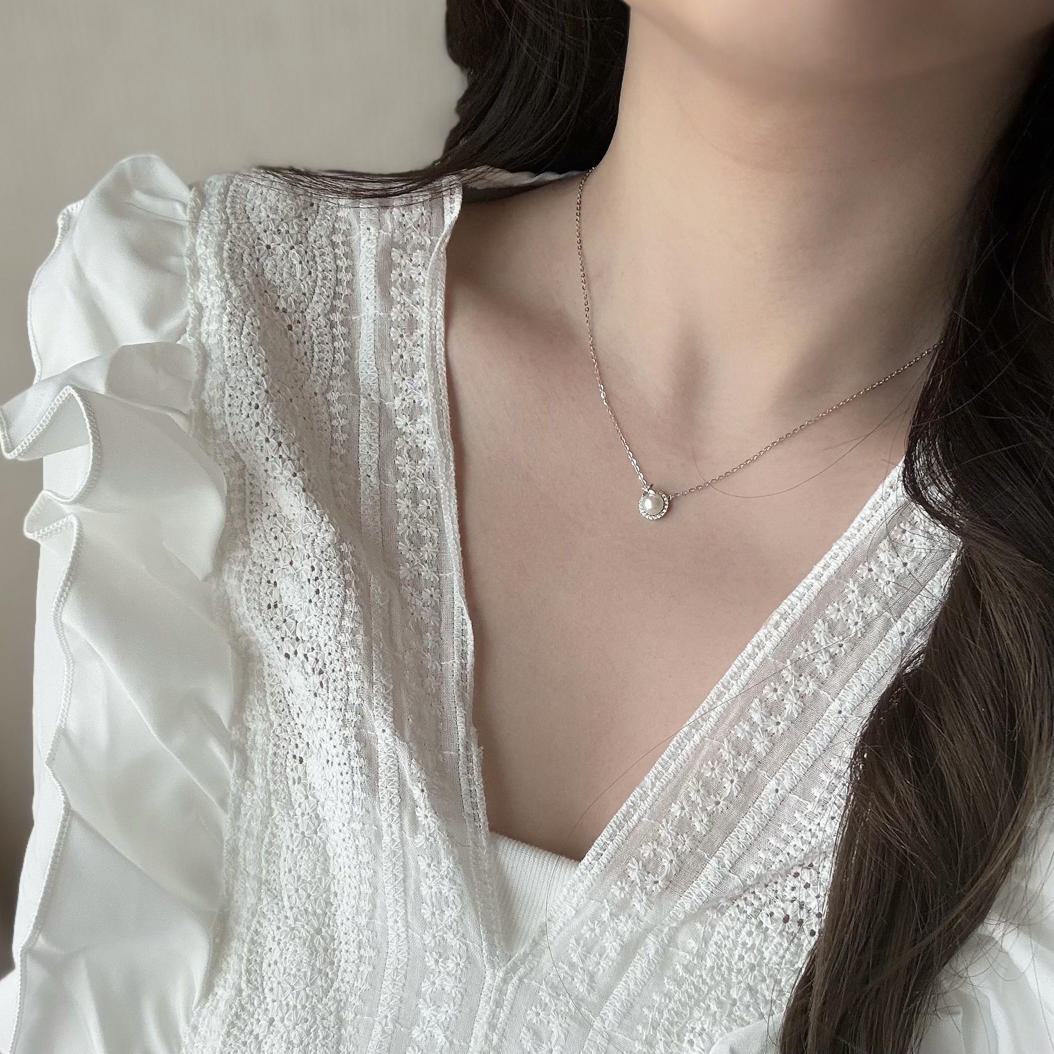 L13【輕奢】排鑽淡水珍珠純銀鎖骨鏈