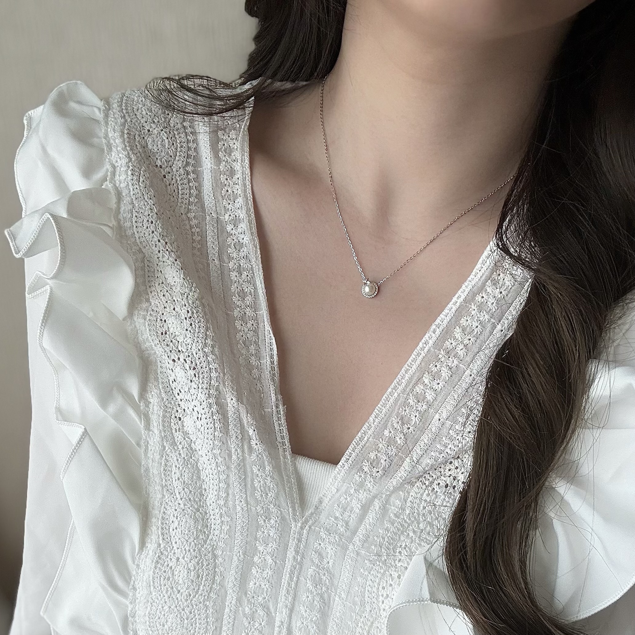 L13【輕奢】排鑽淡水珍珠純銀鎖骨鏈