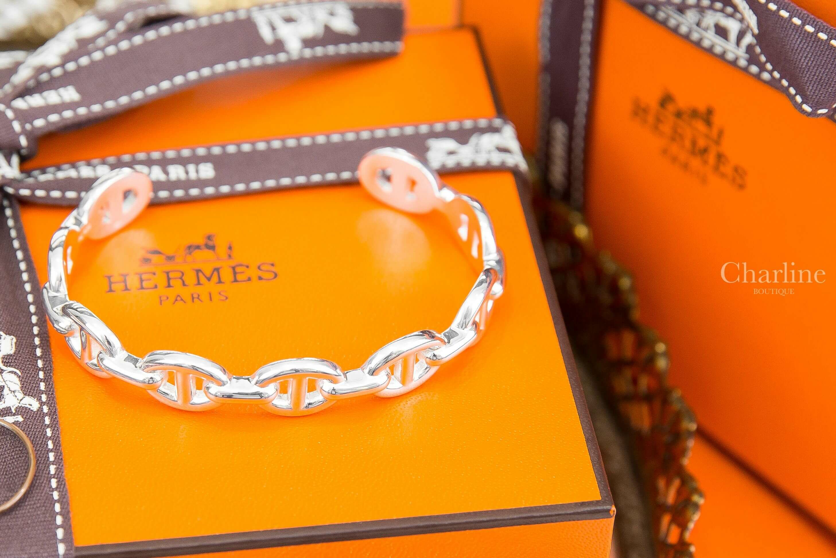 Hermès Chaine D'ancre Enchainee Bracelet, Medium Model 銀色中型θ開口銀飾手環