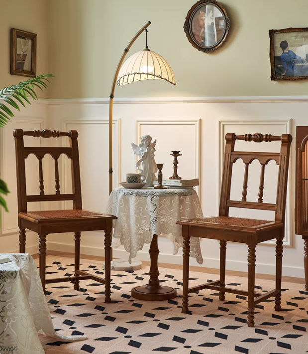 復古實木美式藤編雕刻餐椅