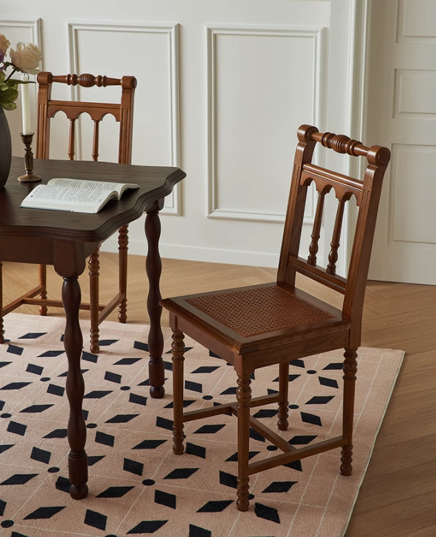 復古實木美式藤編雕刻餐椅
