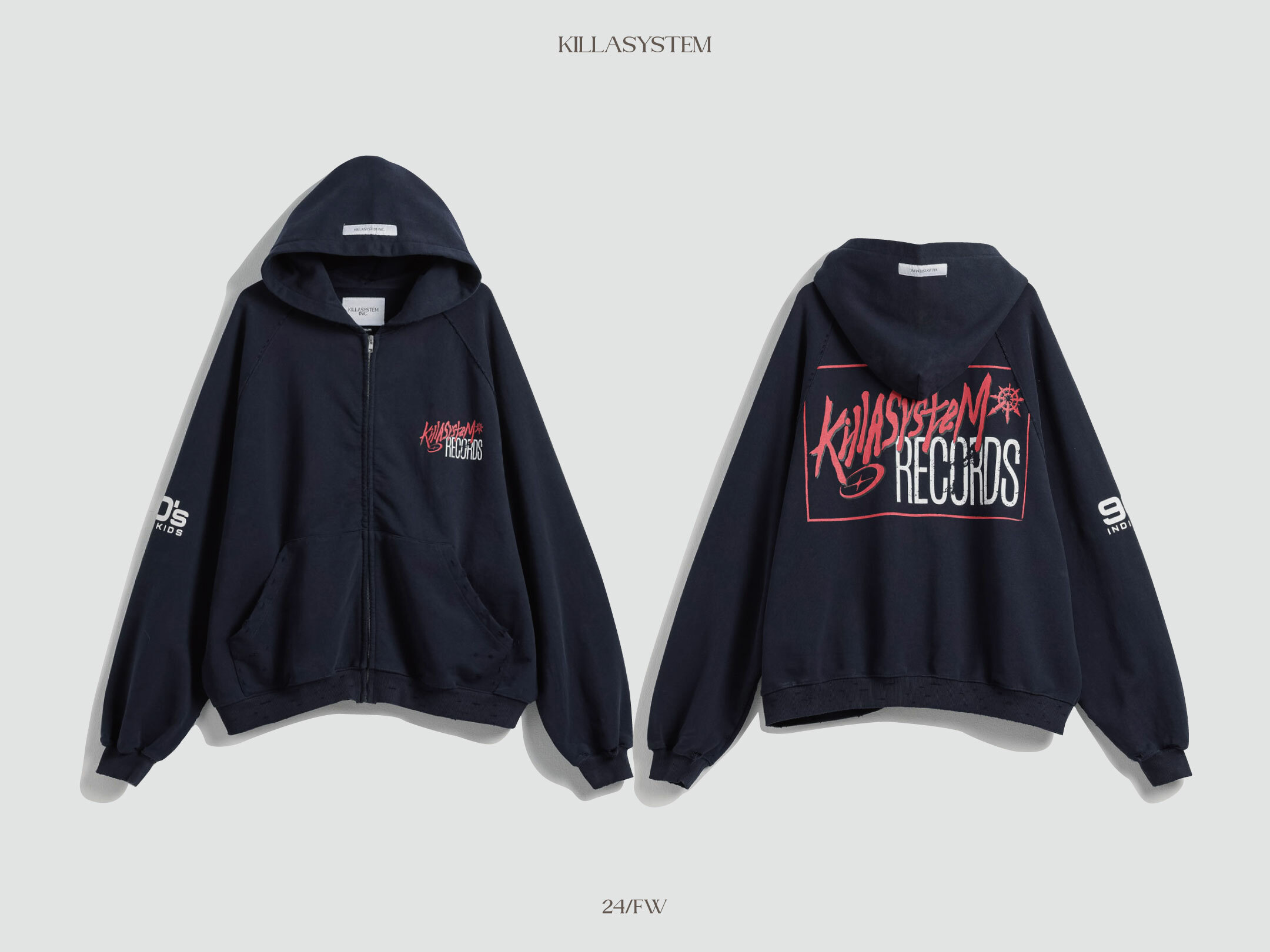 KILLASYSTEM 24F/W FALLEN ZIP PARKA  深藍色 小破壞 輕水洗 斑駁 拉鍊帽TEE