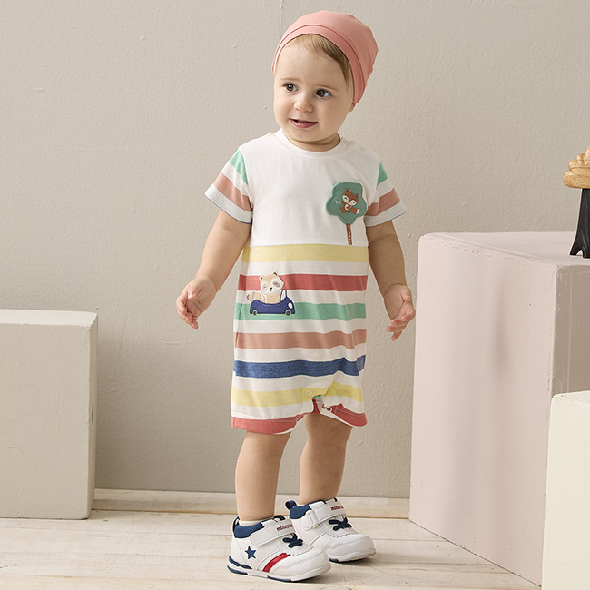 PIPPY 小浣熊開車與小狐狸爬山條紋包屁衣禮盒 白