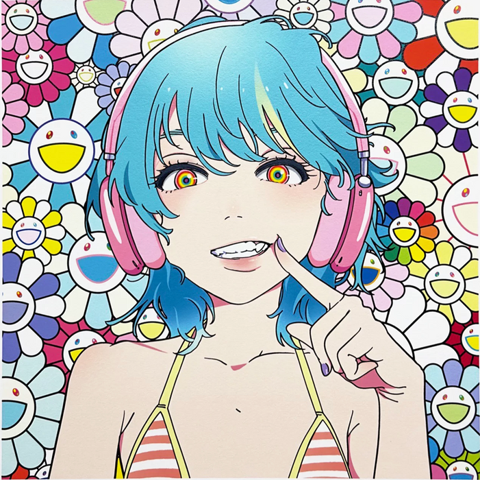 村上隆 Takashi Murakami, mebae, Kaikai Kiki - Smile_02 Blue hair, pink headphones w M.F