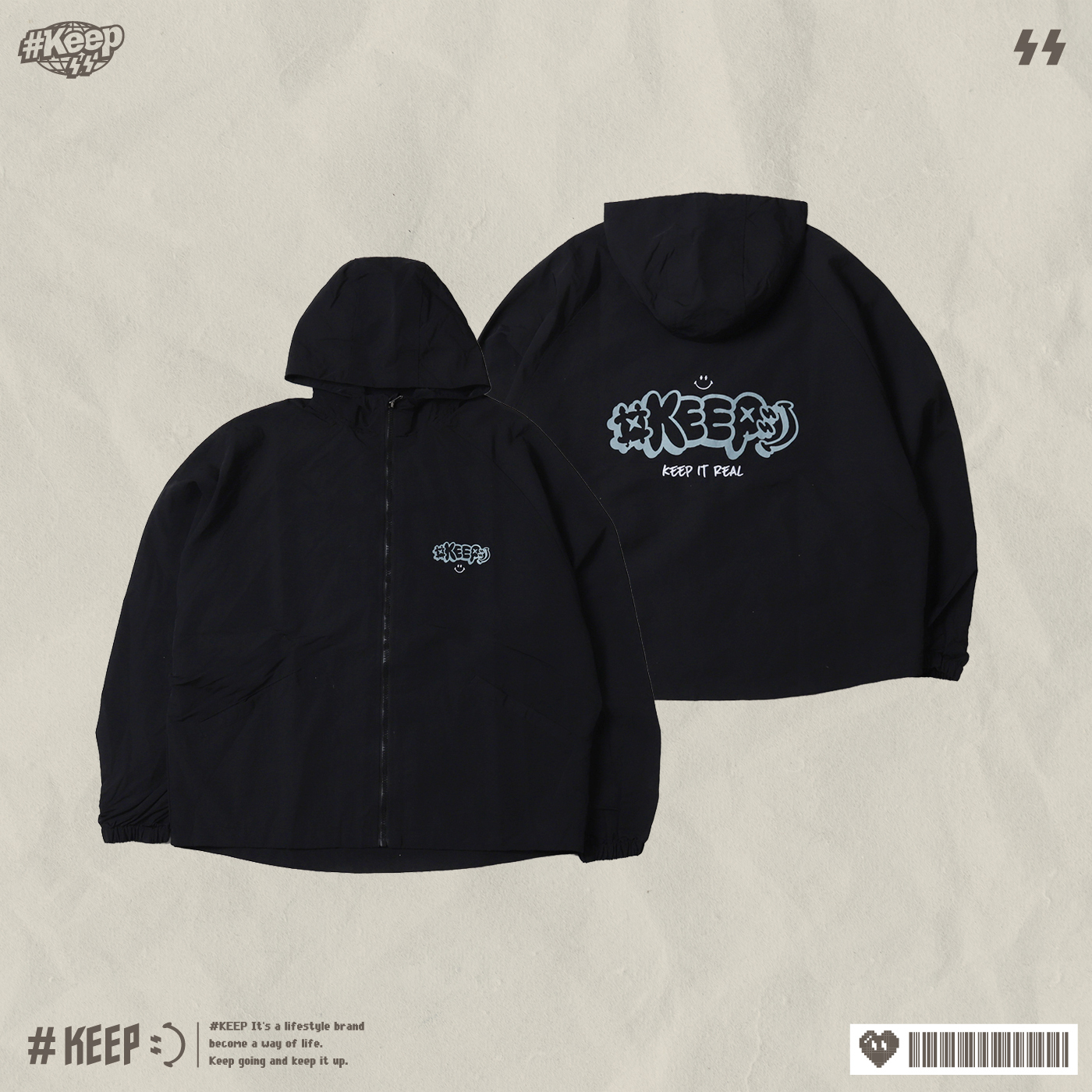 [特價售出無退換] #KEEP GRAFFITI LOGO WINDBREAKER 黑色 奶茶色 基本款  落肩 刺繡 塗鴉LOGO 連帽 風衣外套【KS274】25SALE