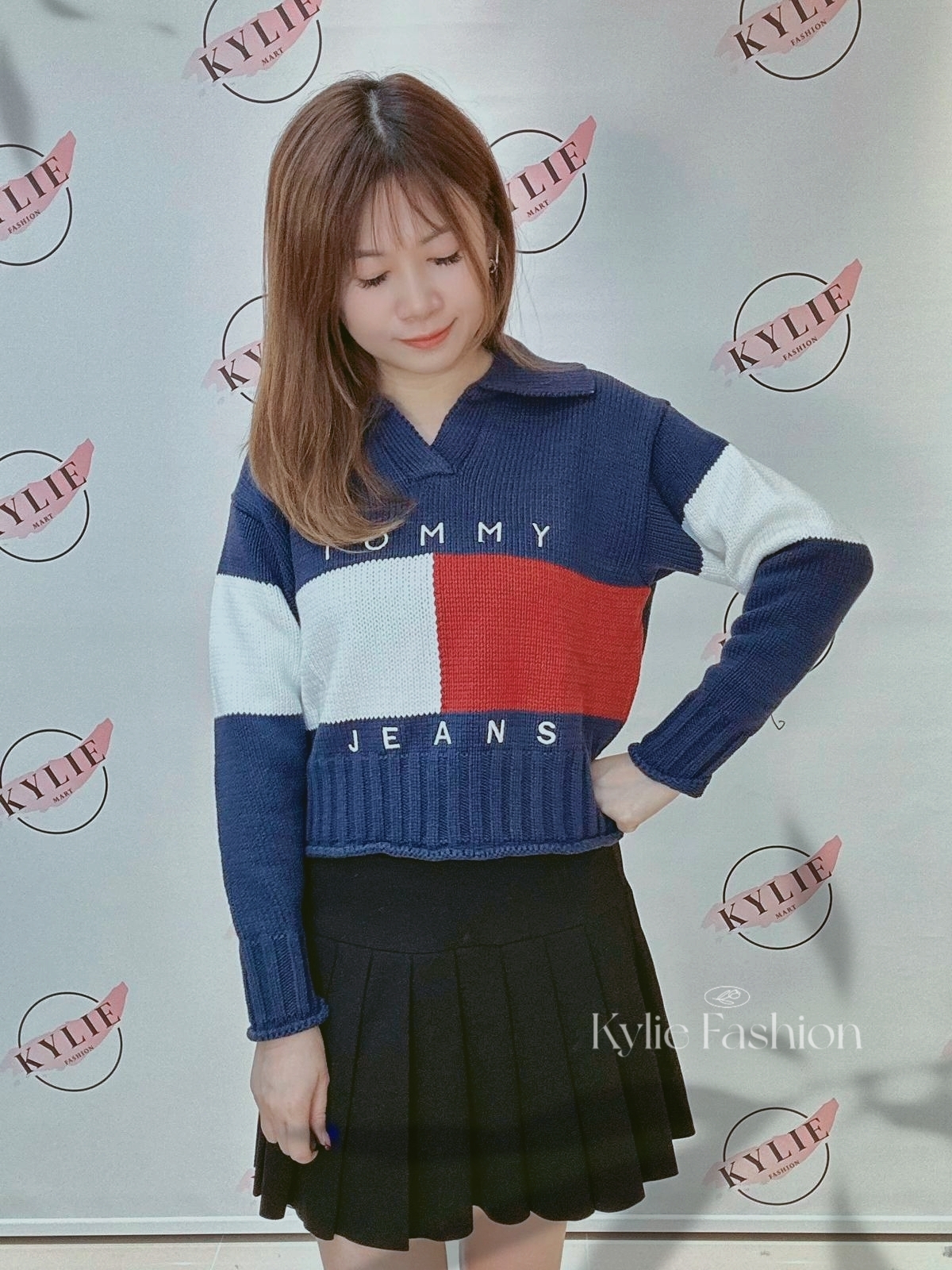 Tommy 深藍色 反領紅白 針織 女款