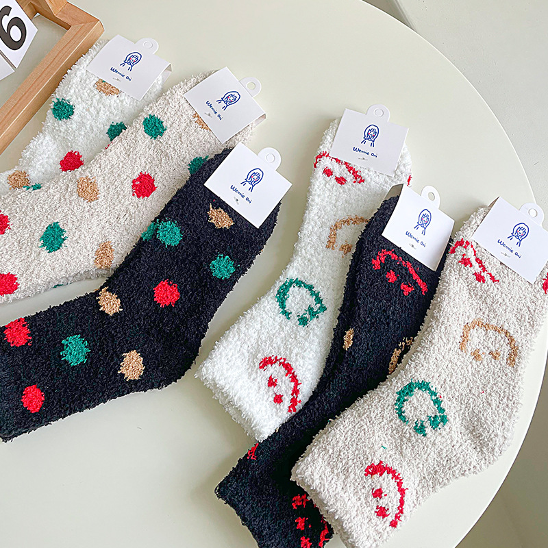 《5564》秋冬圓點笑臉珊瑚絨襪
