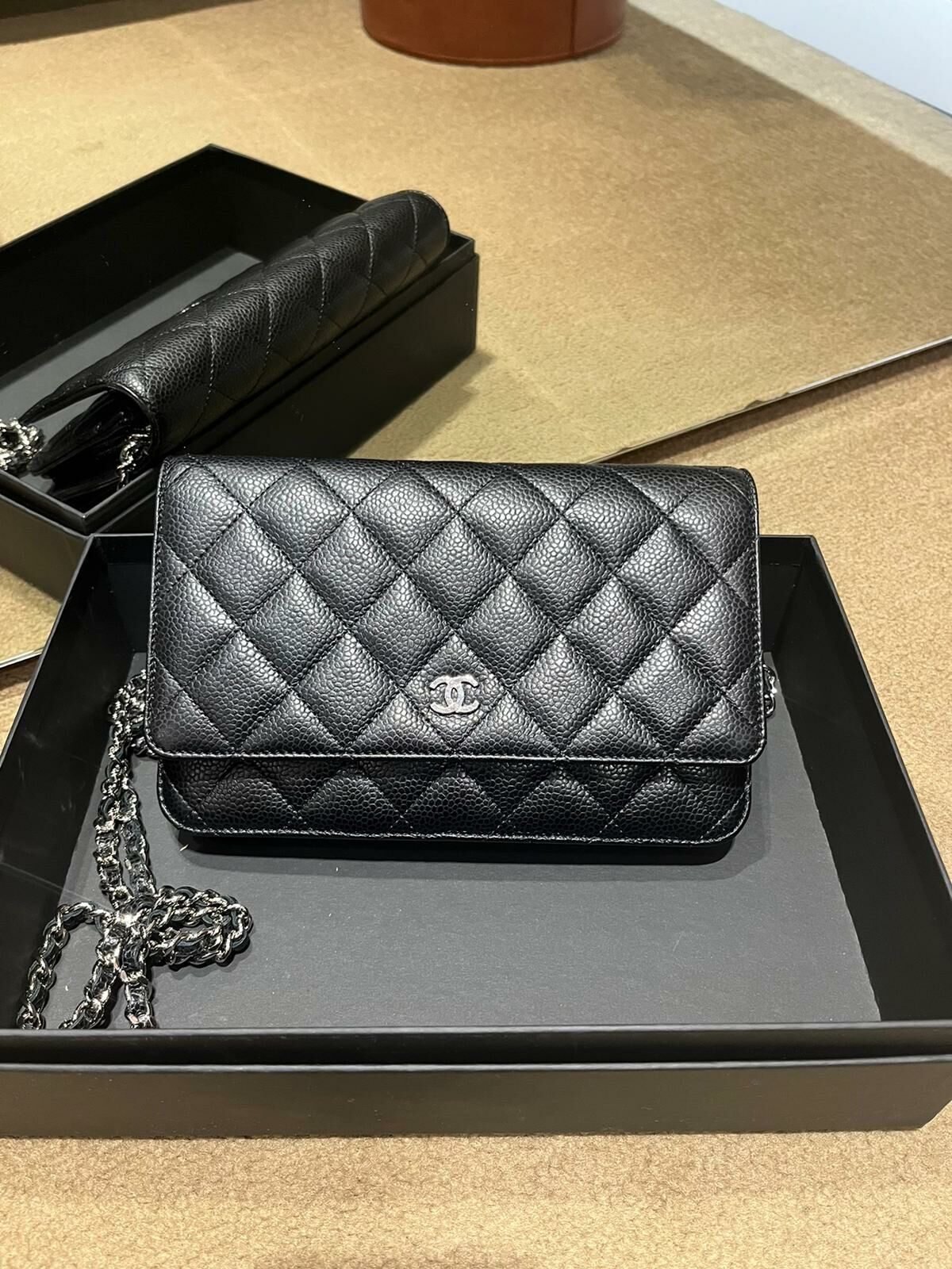 Chanel 發財包woc 黑銀荔枝牛皮斜挎包鏈條包 98%new