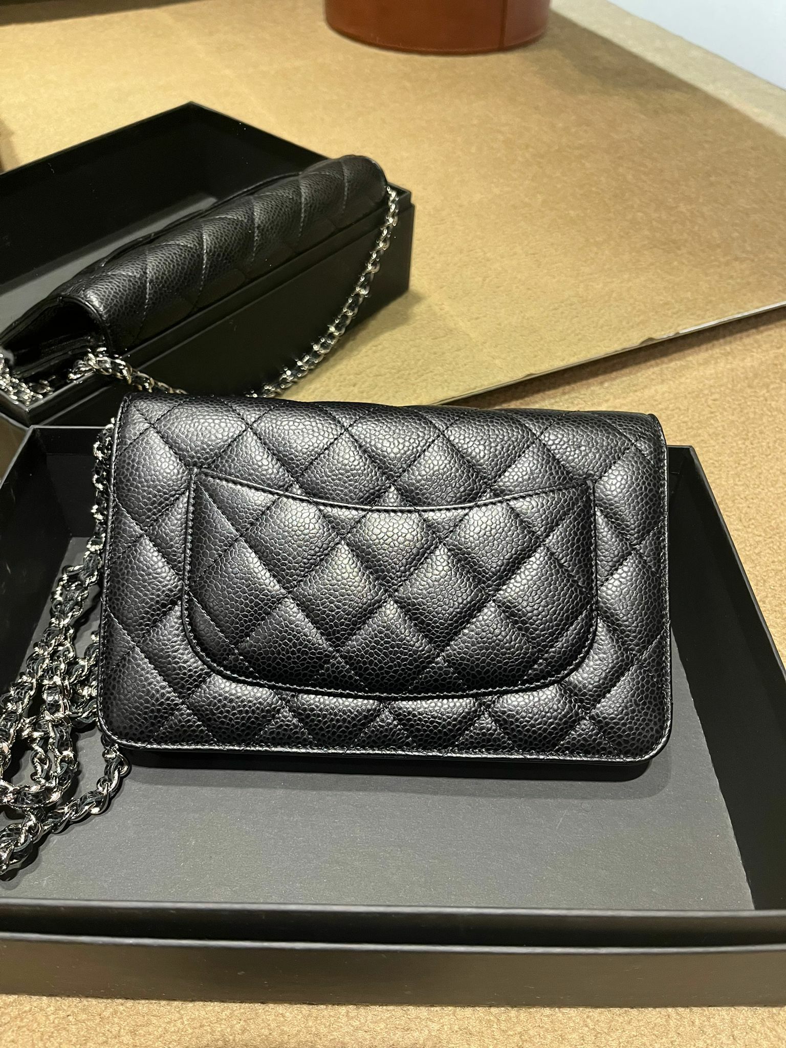 Chanel 發財包woc 黑銀荔枝牛皮斜挎包鏈條包 98%new