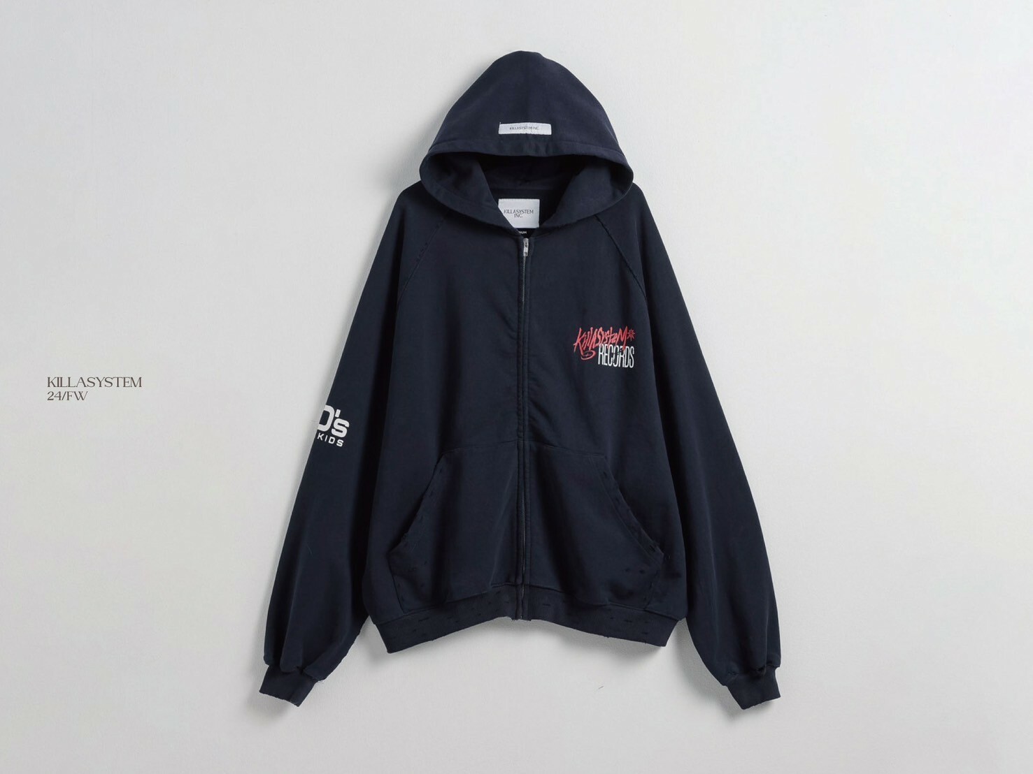 KILLASYSTEM 24F/W FALLEN ZIP PARKA 深藍色 小破壞 輕水洗 斑駁 拉鍊帽TEE