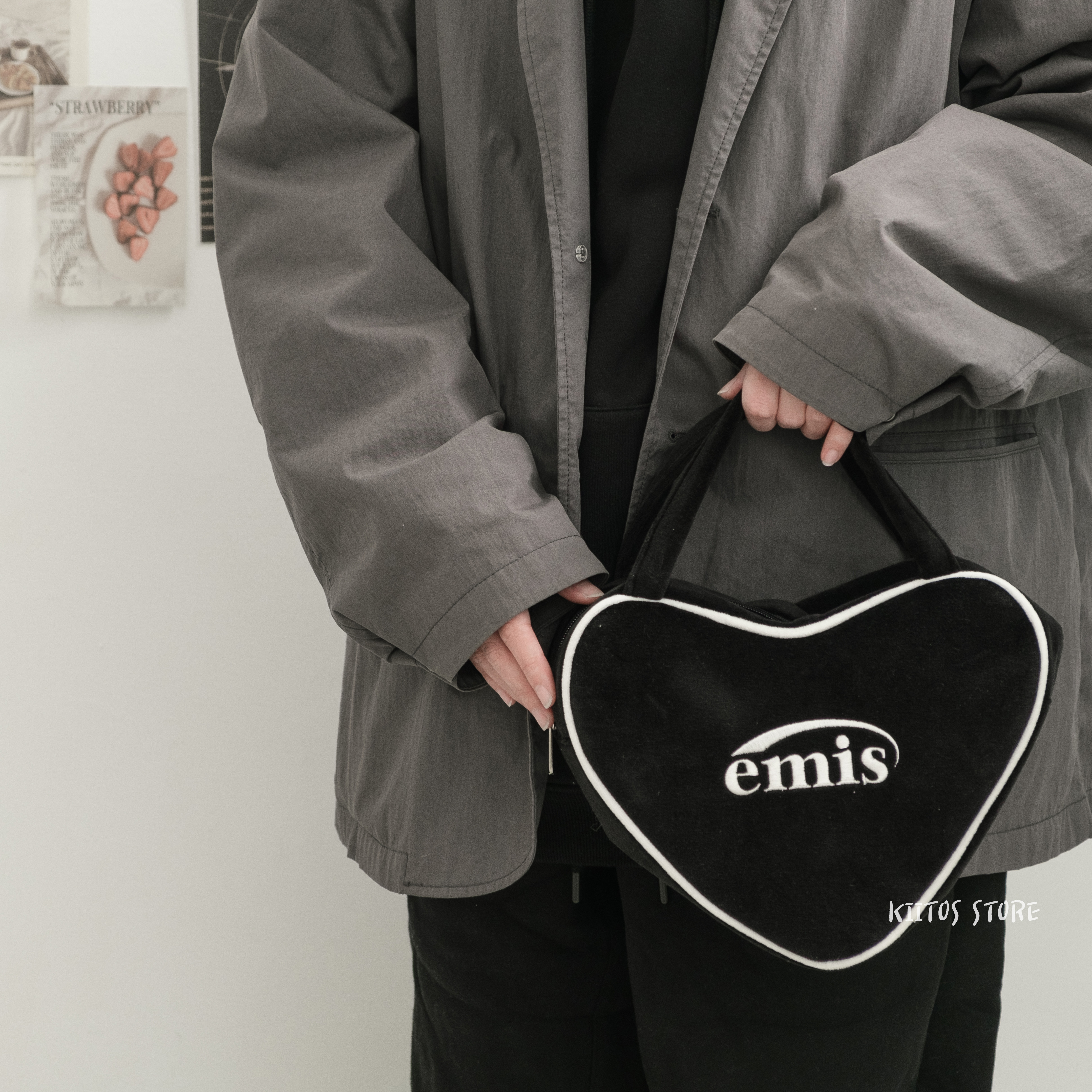 【現貨】emis Velour Heart Tote Bag 手提 刺繡 短絨 愛心包