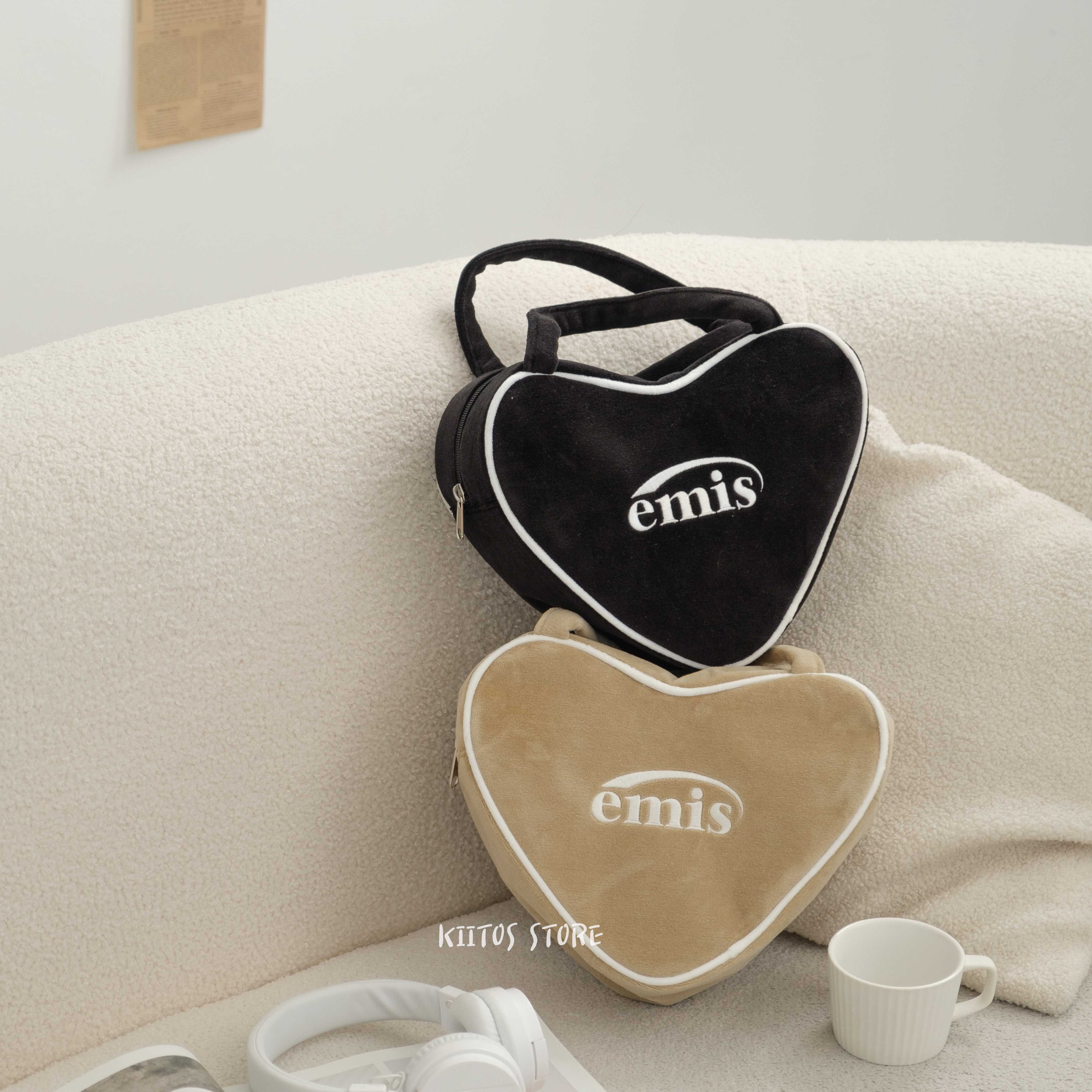 【現貨】emis Velour Heart Tote Bag 手提 刺繡 短絨 愛心包