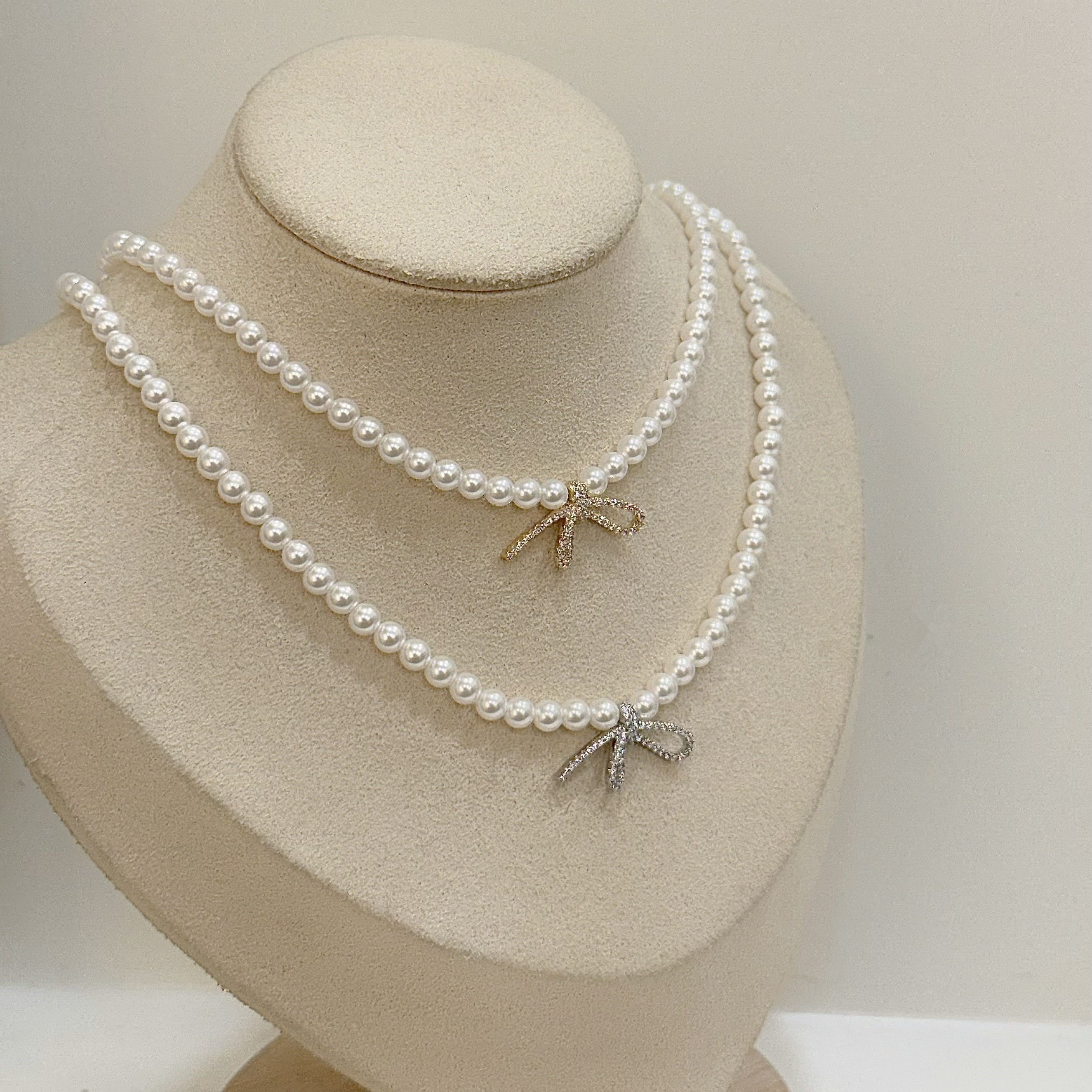 K30排鑽蝴蝶結珍珠頸鏈