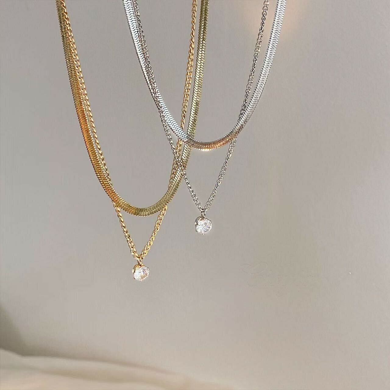 K33【鈦鋼】單鑽蛇骨雙層頸鏈