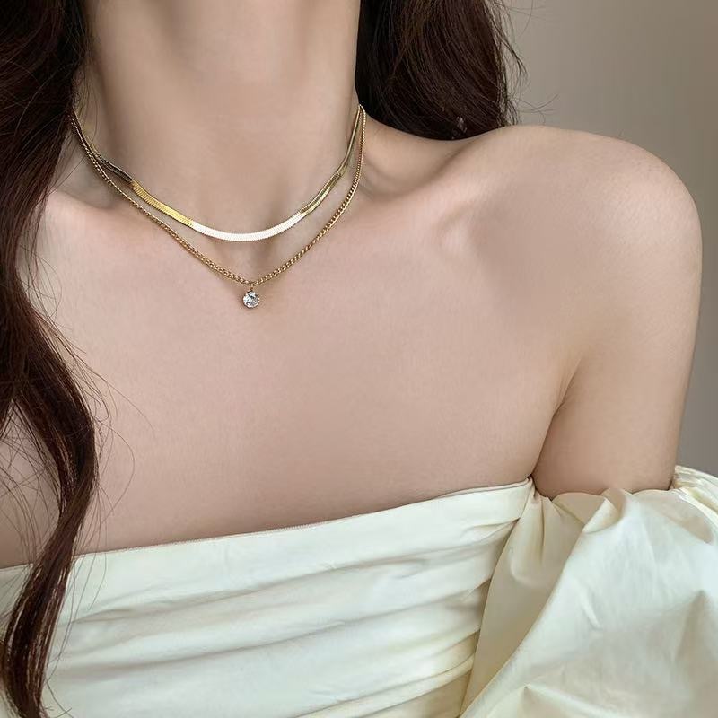 K33【鈦鋼】單鑽蛇骨雙層頸鏈