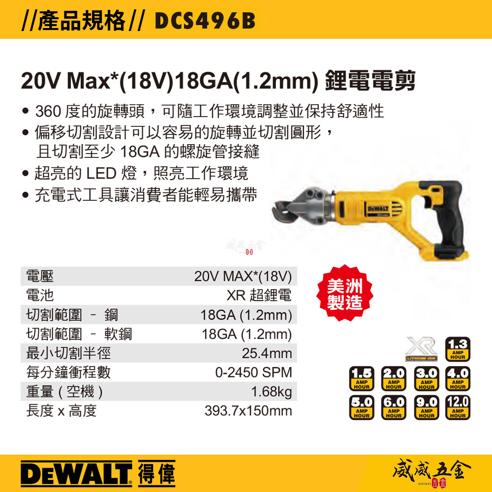 DEWALT 美國 得偉｜20V 充電式鐵皮剪刀 18GA充電鋰電電剪 1.2mm｜DCS496P2｜公司貨 DCS496 DCS496P2T