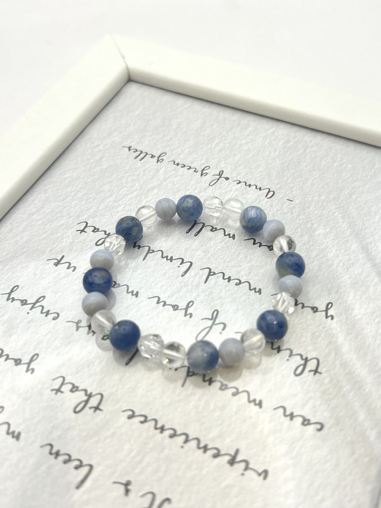 C059-藍晶石7mm X藍紋瑪瑙6mmX白水晶6mm手鍊【現貨】