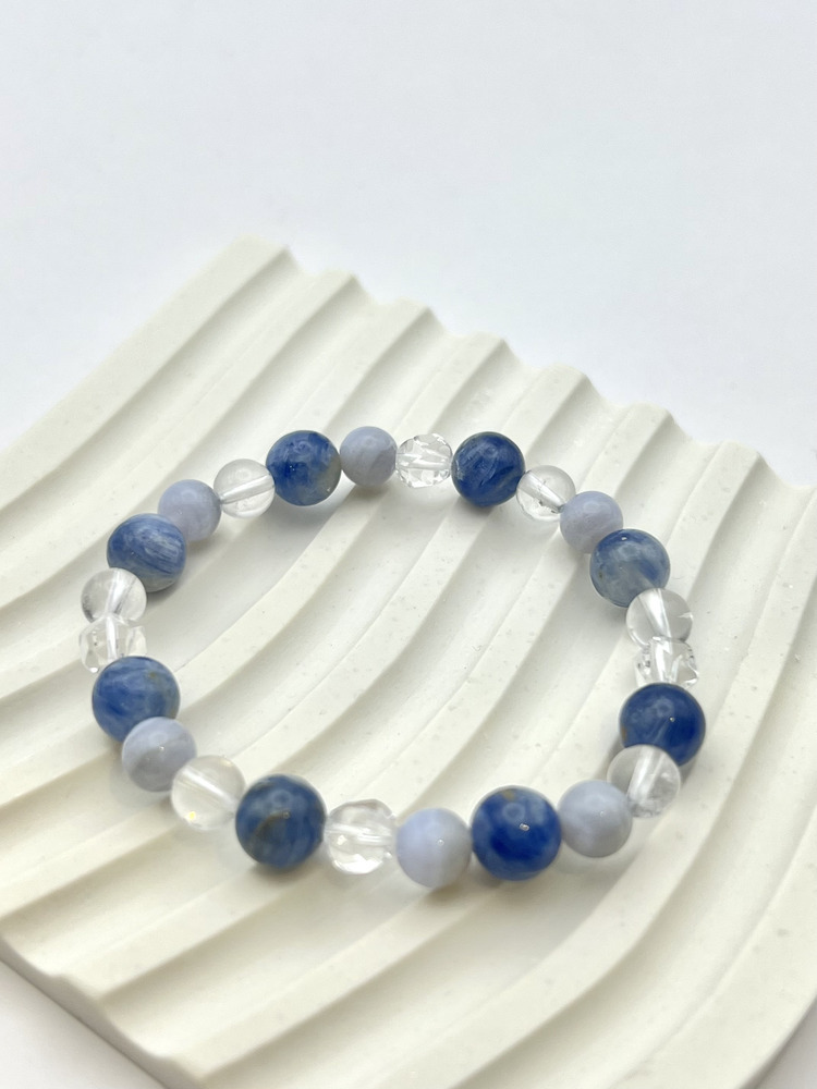 C059-藍晶石7mm X藍紋瑪瑙6mmX白水晶6mm手鍊【現貨】