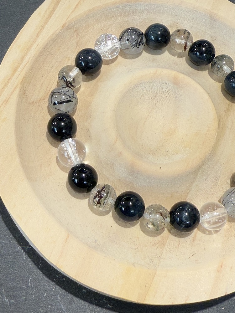 C053-藍虎眼石8mmX黑髮晶8mmX綠幽靈7mmX白阿賽7mm手鍊【現貨】