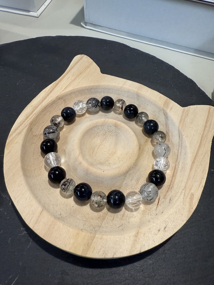 C053-藍虎眼石8mmX黑髮晶8mmX綠幽靈7mmX白阿賽7mm手鍊【現貨】