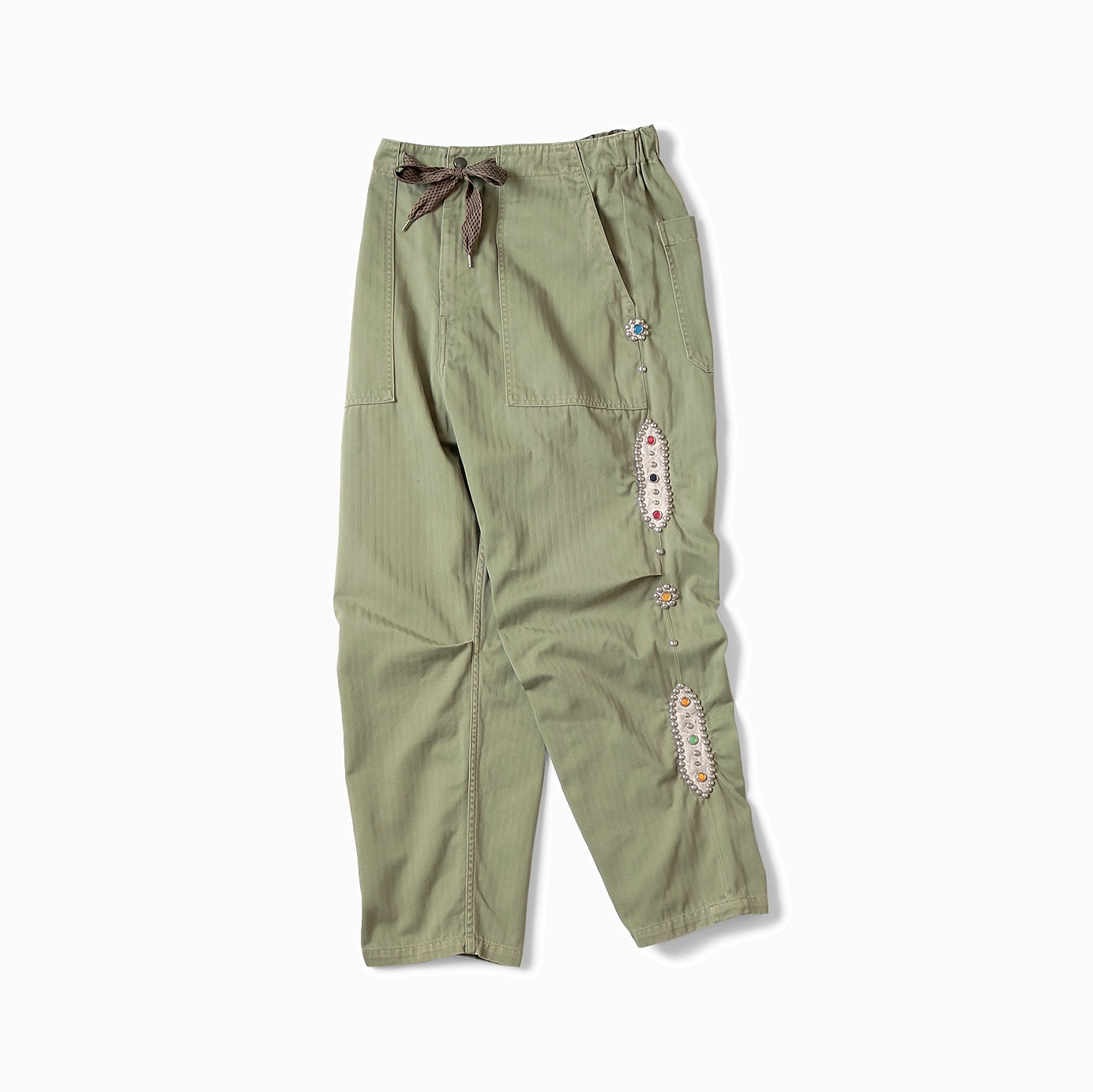 KAPITAL SULFURIZED HERRINGBONE EASY BAKER PANTS (STUDDED REMAKE) - OLIVE PRE ORDER ITEM (預訂中)
