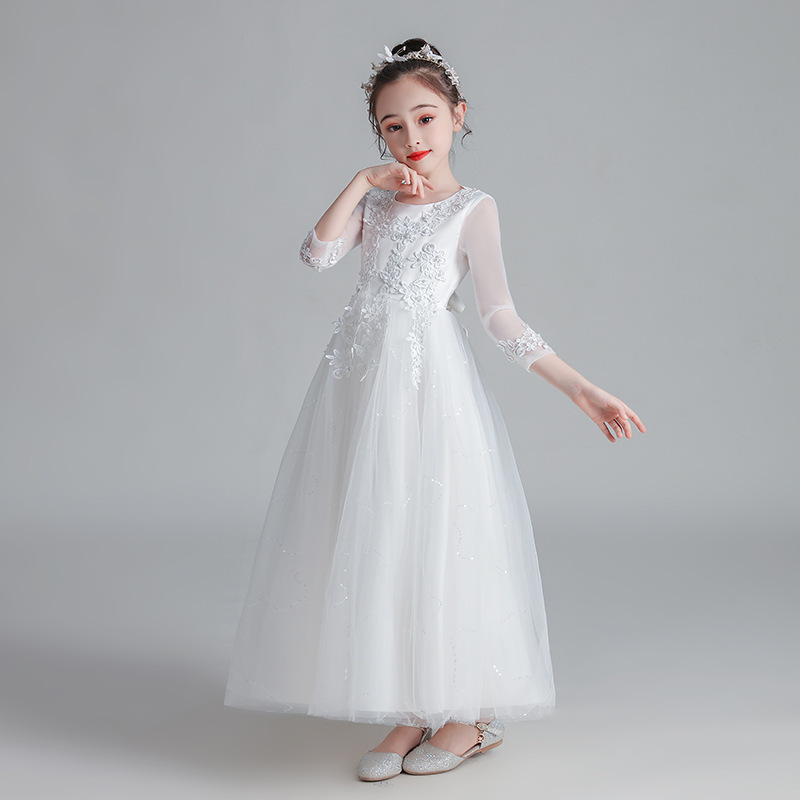 鋼琴演奏 蕾絲繡花裙擺亮絲長禮服 <長袖> 4色 120-170cm #CW683