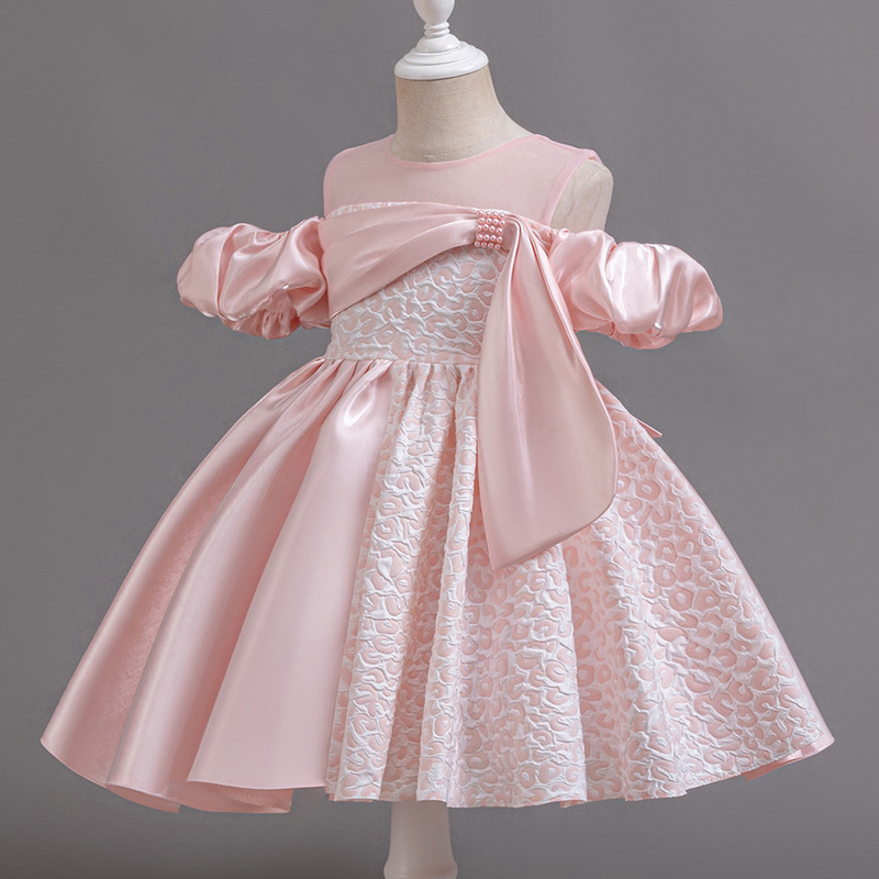 周歲禮服 一字領緞面拼接小禮服 3色 80-130cm #F10