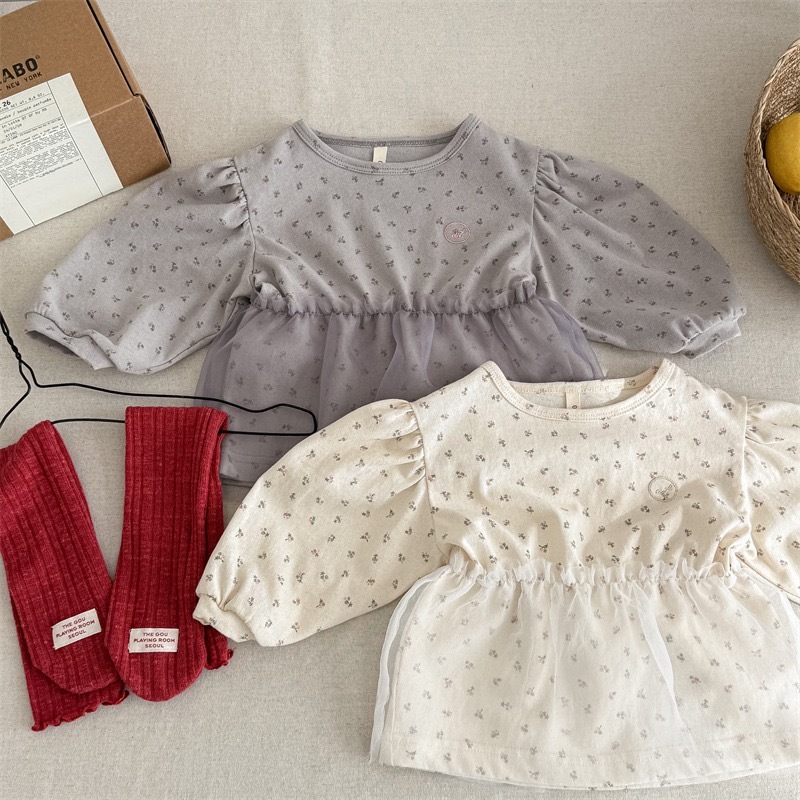 碎花軟紗拼接假兩件上衣