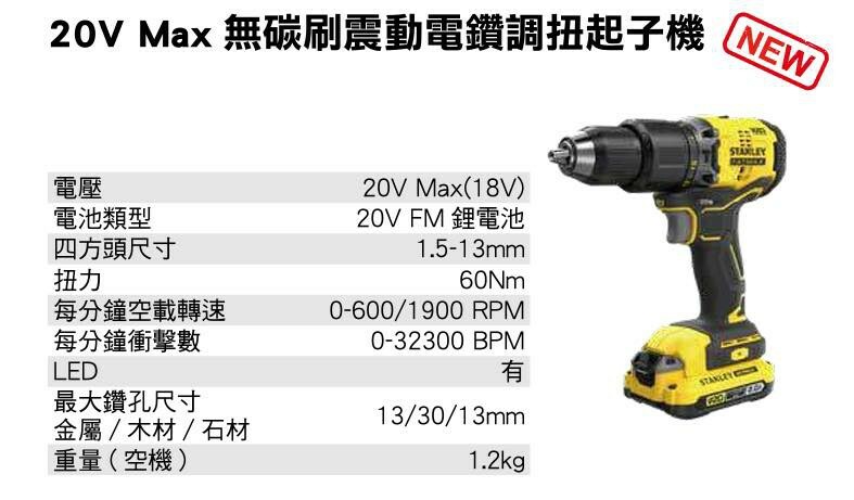 ＊中崙五金【附發票】史丹利 20V無刷震動電鑽 SBD715D2K 夾頭電鑽 (主+2.0Ah*2+充座+箱)