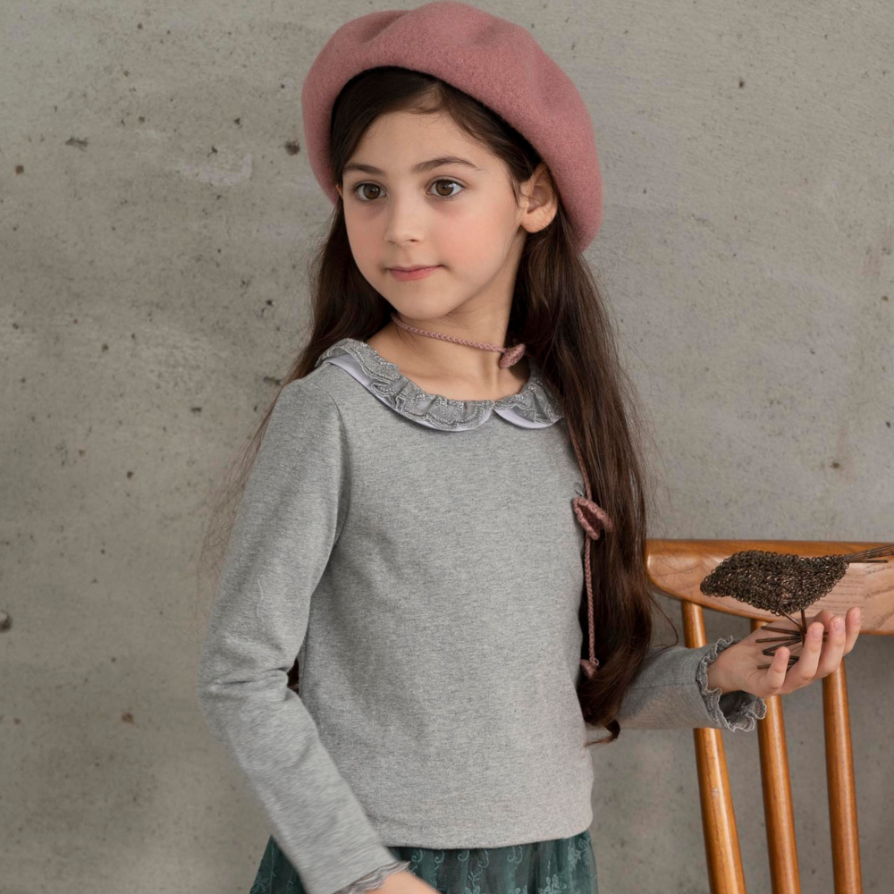 PIPPY蕾絲領片圓領棉質長袖上衣 灰