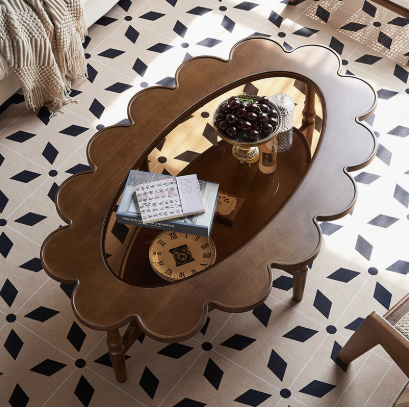 復古樱桃木花漾橢圓玻璃茶几