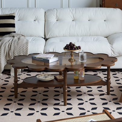 復古樱桃木花漾橢圓玻璃茶几