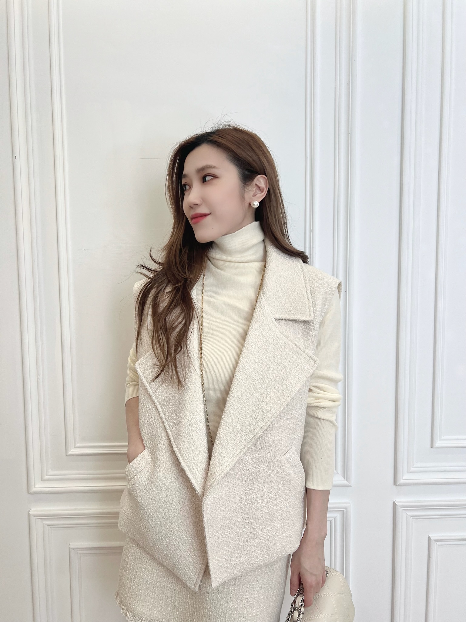 抽鬚大翻領短裙背心套裝