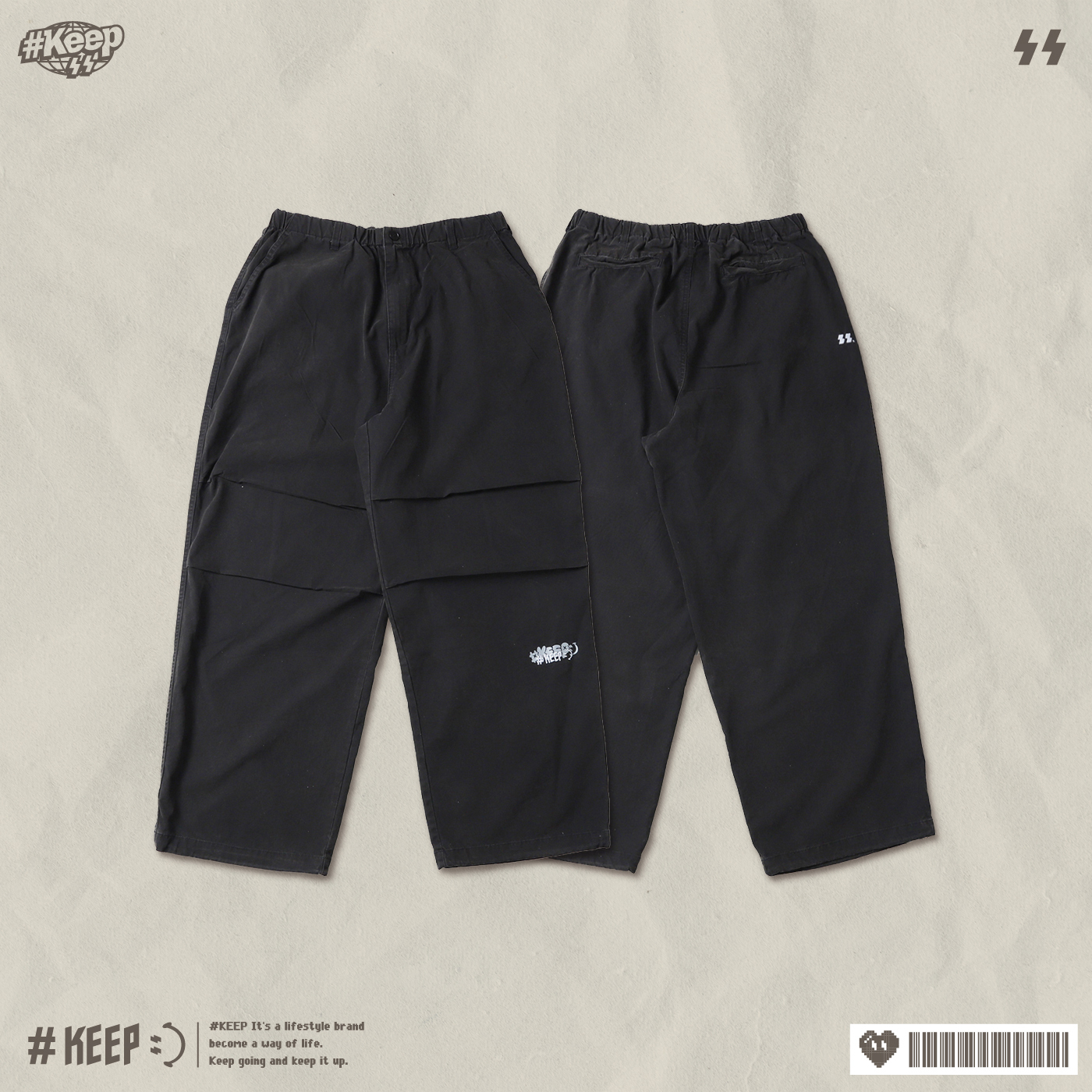 #KEEP LOGO WIDE PANTS 黑色 可調褲腳 水洗寬版剪裁長褲【KS276-BK】