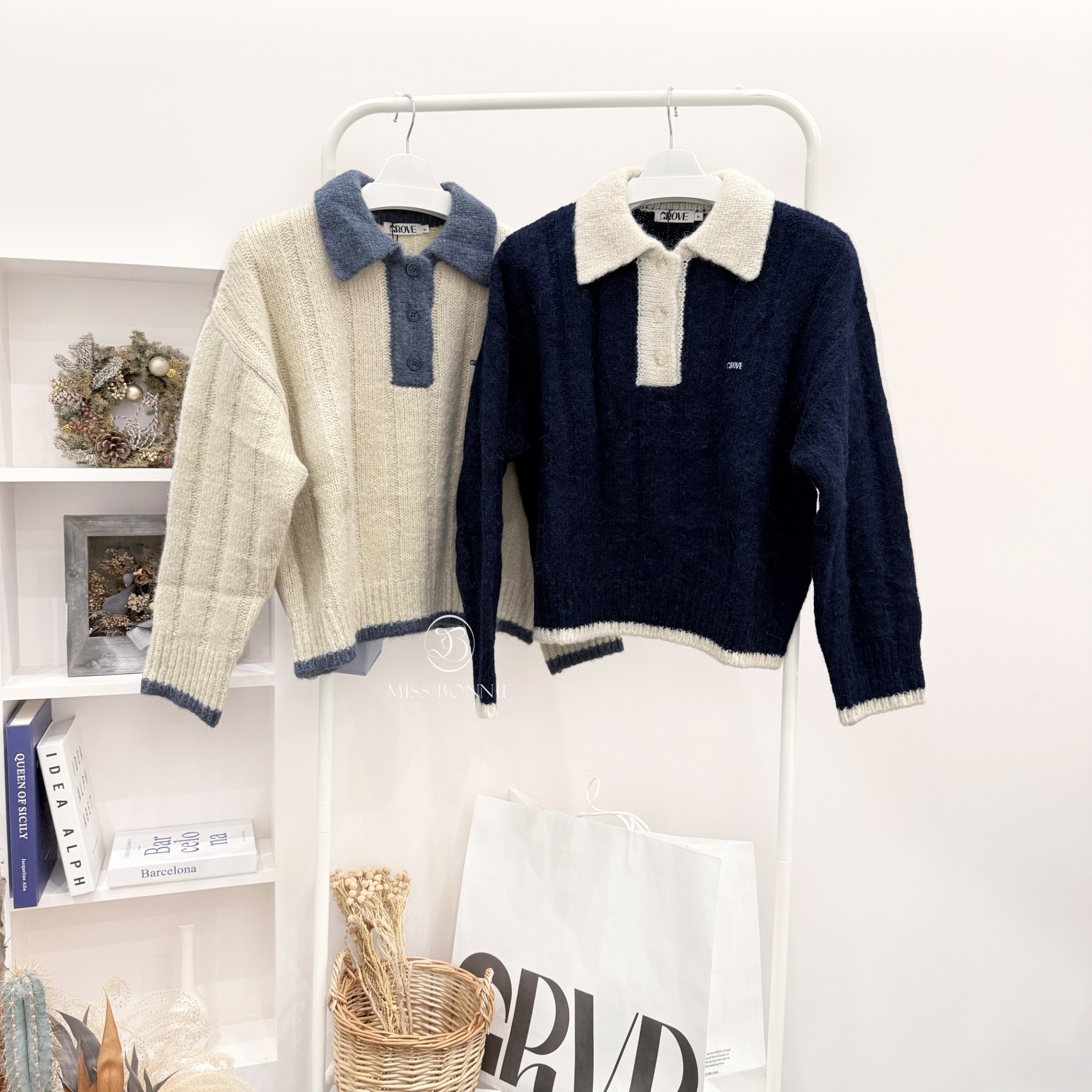 GROVE針織拼色長版上衣