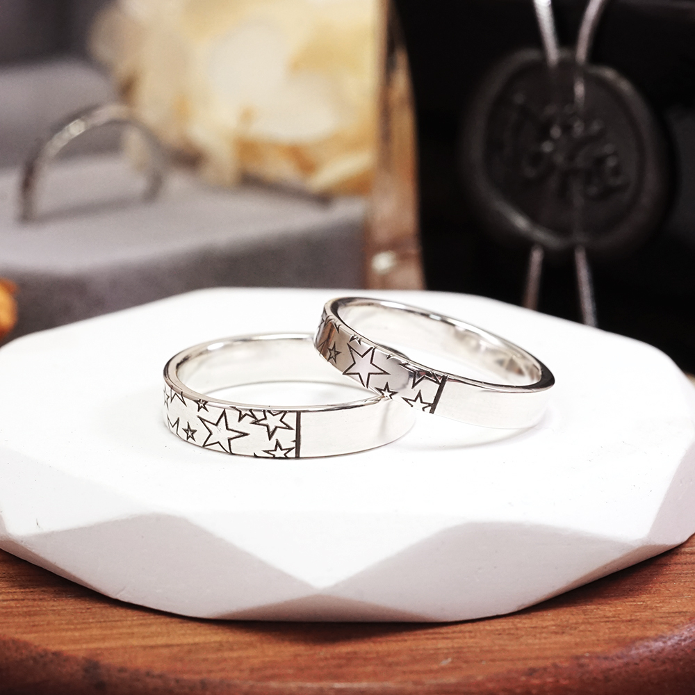 紋路銀戒 星辰設計 可刻字 純銀情侶對戒組 客製化情侶戒指