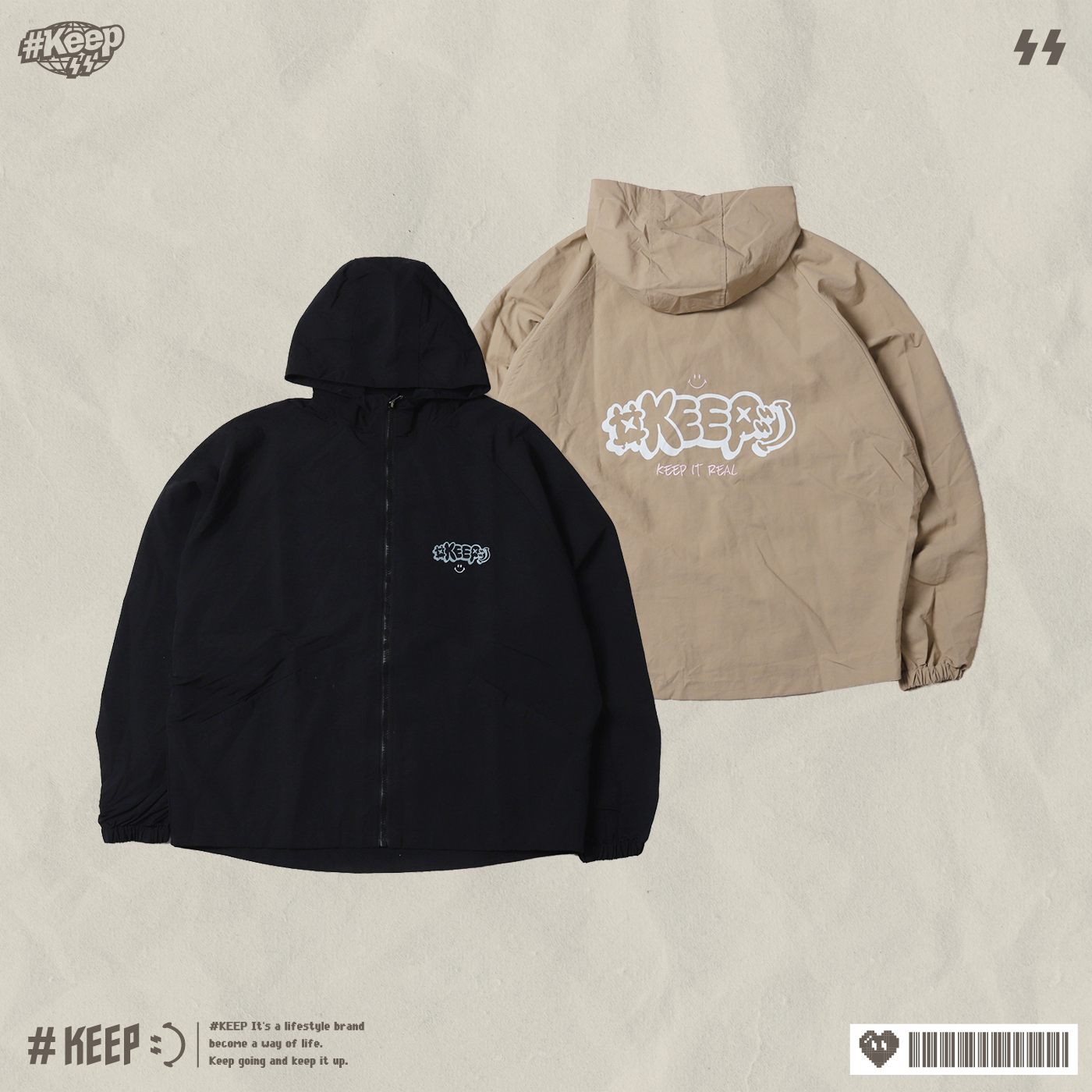 #KEEP GRAFFITI LOGO WINDBREAKER 黑色 奶茶色 基本款 標語 刺繡 塗鴉 連帽 落肩 防風 風衣 外套【KS274】
