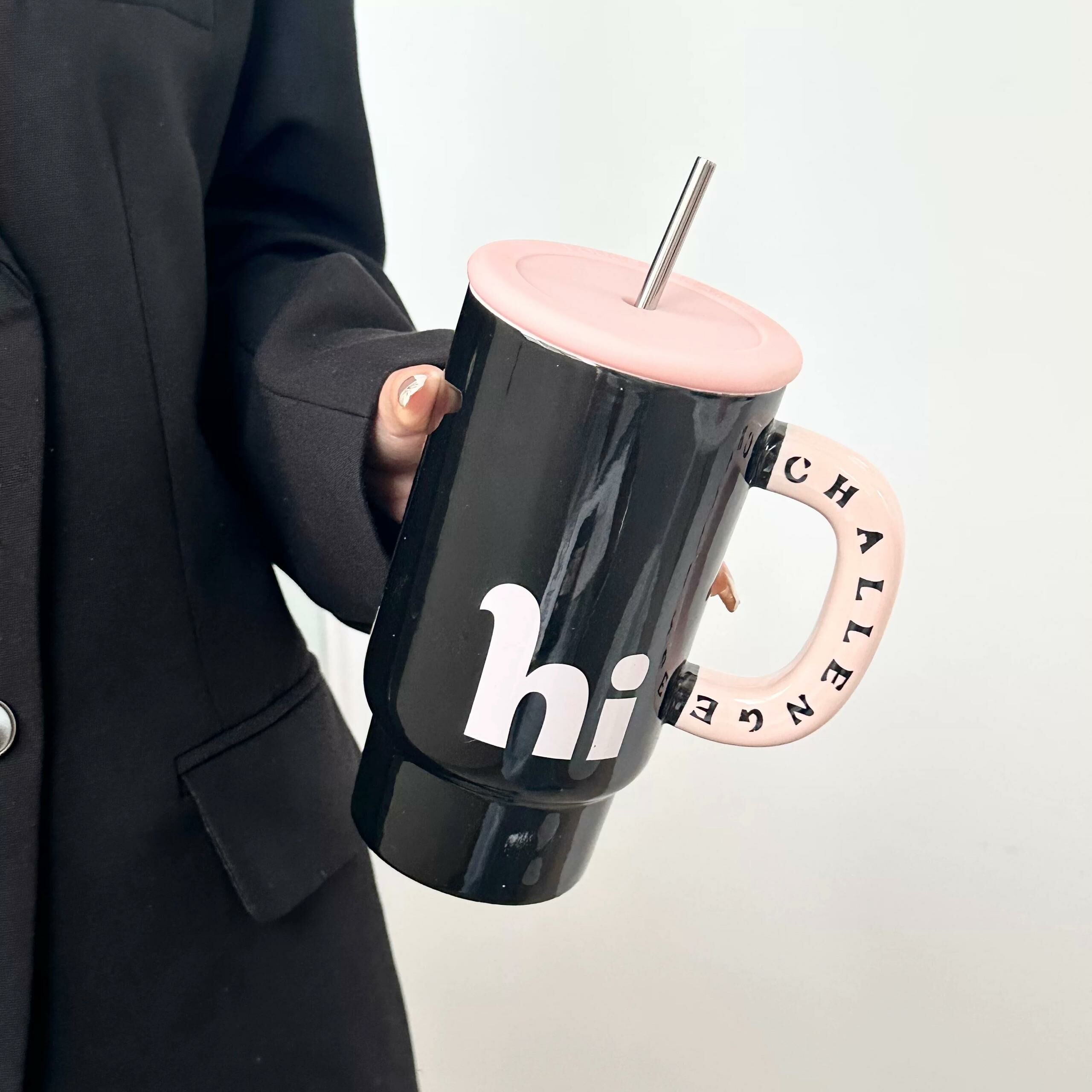 BlackPink 800ml Large Capacity Ceramic Bottle with Stainless Steel Straw