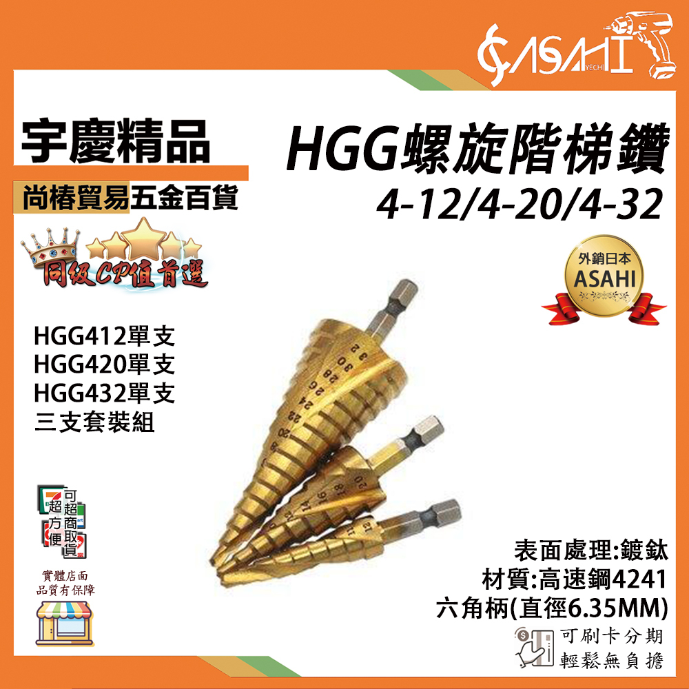 附發票｜HGG螺旋階梯鑽｜HSS鍍鈦4-12 4-20 4-32可鑽白鐵 階梯鑽尾 梯型圓穴鑽 六角柄電鑽