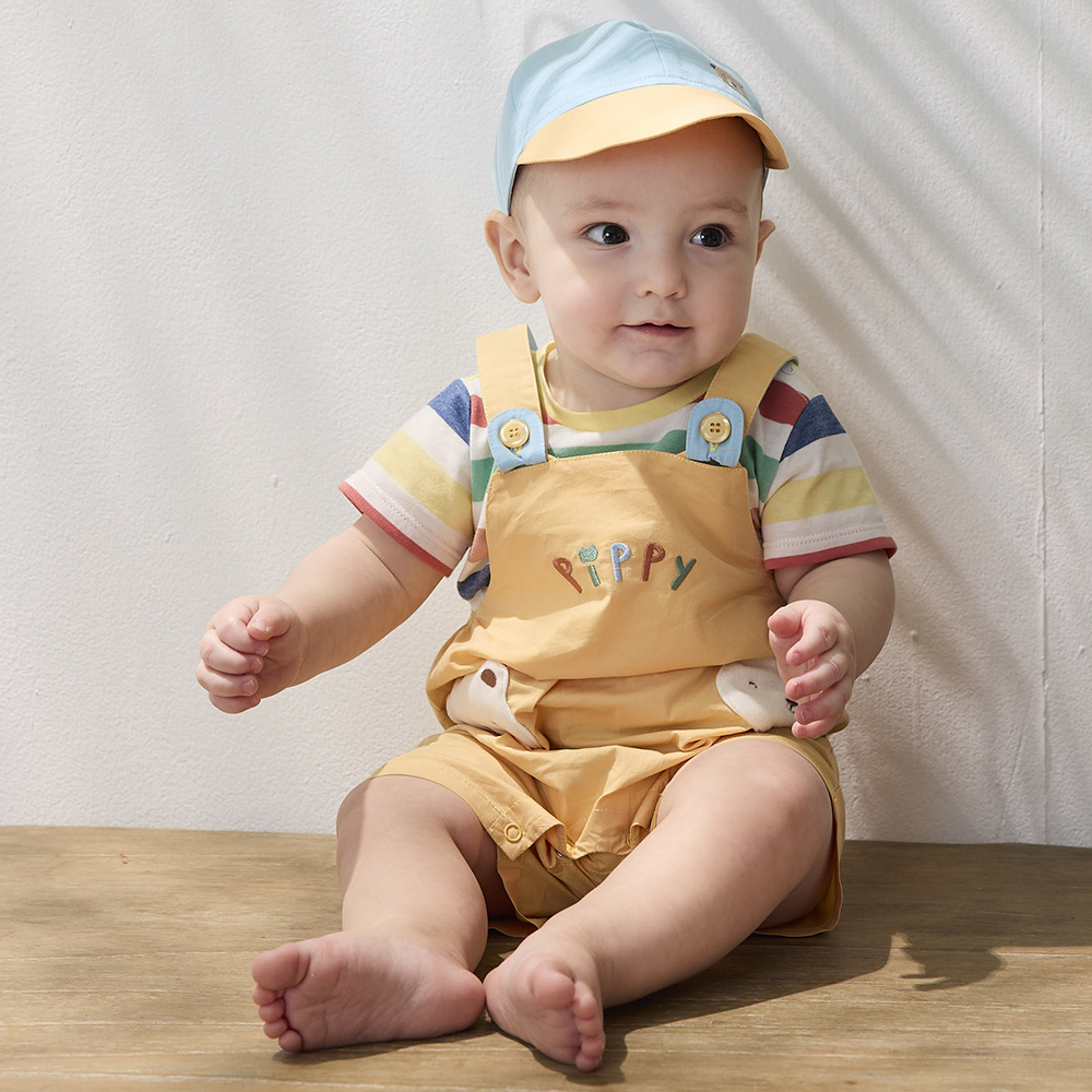 PIPPY條紋包屁衣+可愛小熊口袋造型吊帶褲三件組禮盒 黃